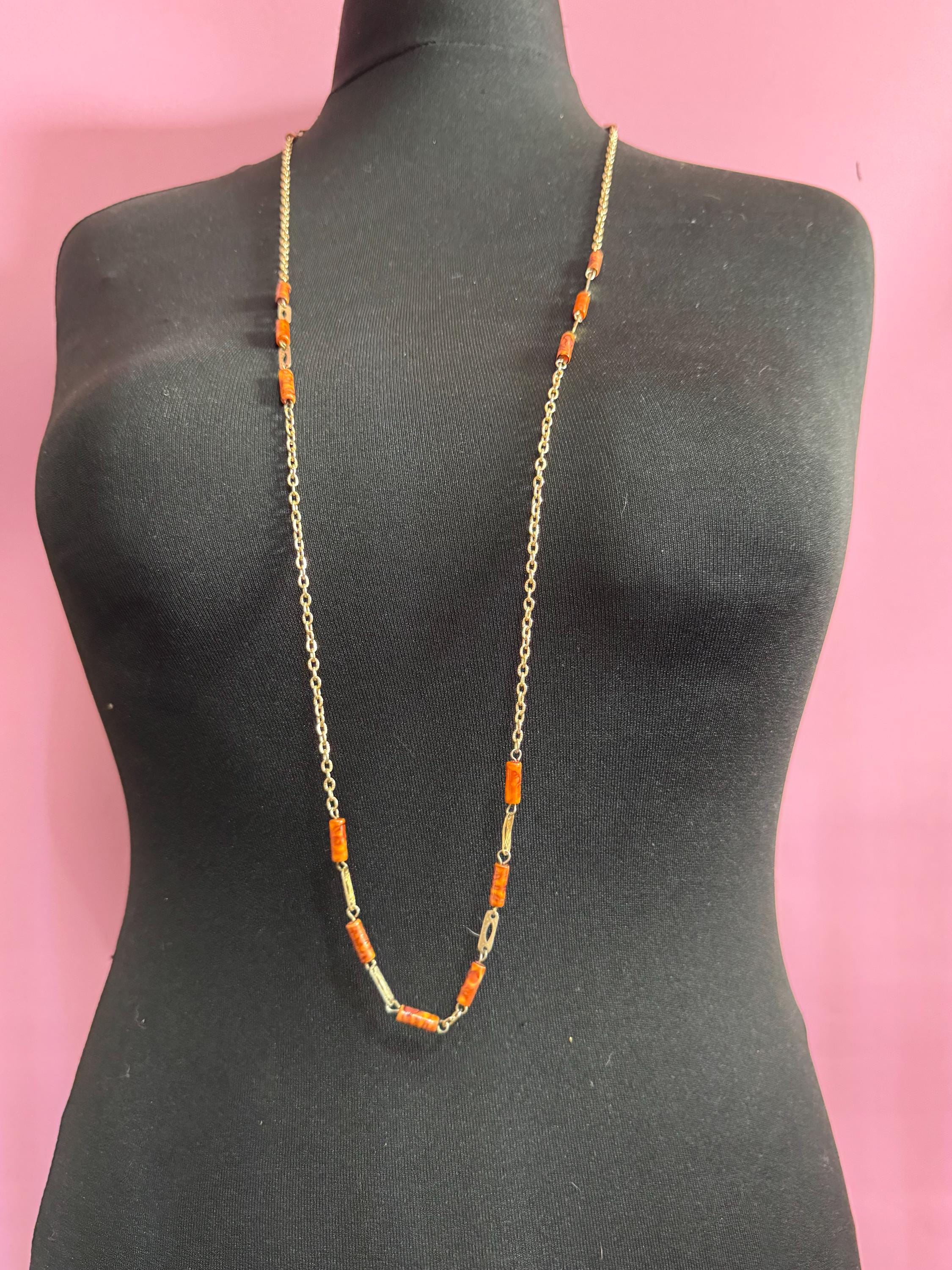 108cm very long gold tone orange brown beige plastic tube beaded station necklace 1960s Eloxal lightweight