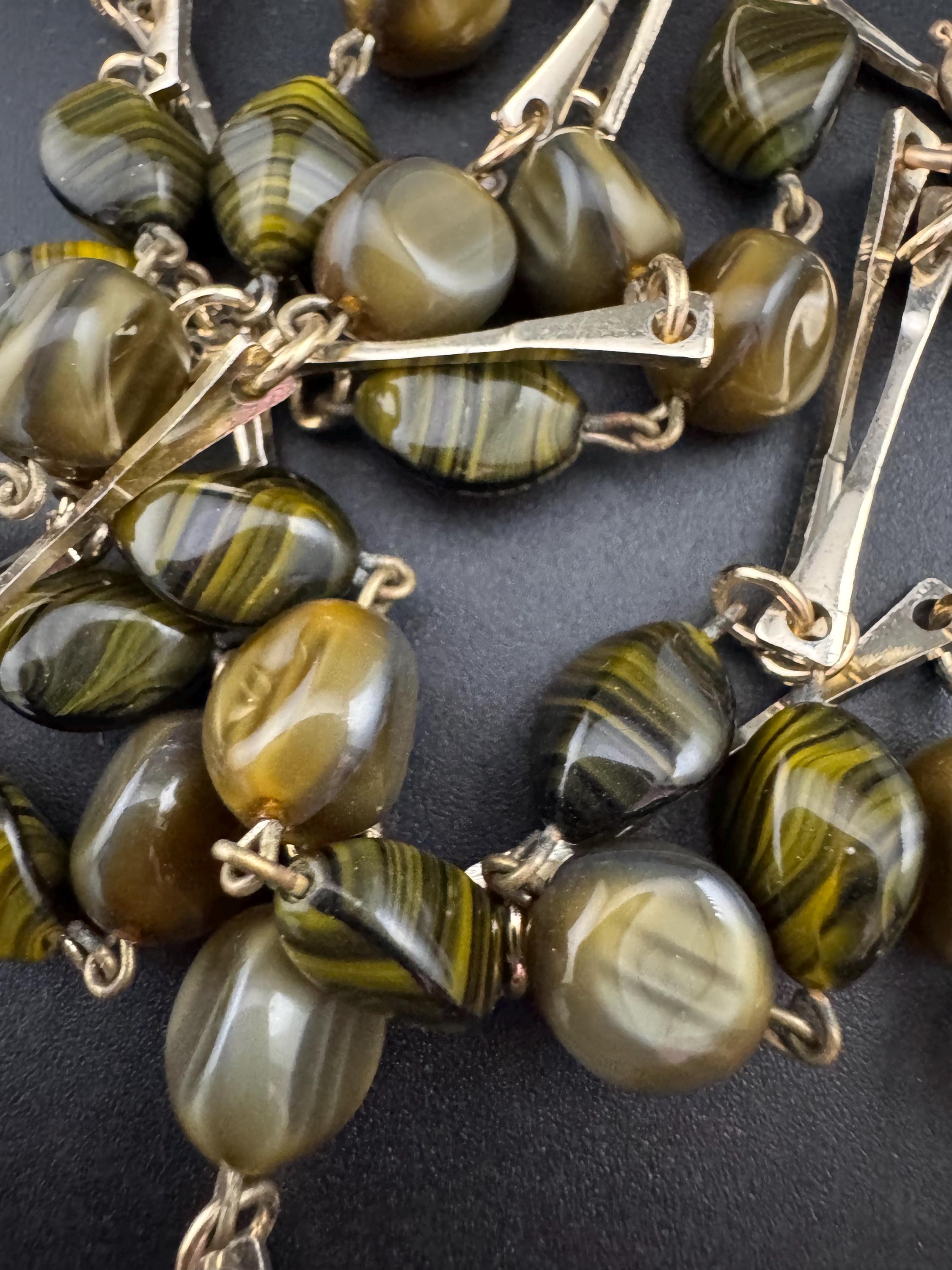 Vintage beaded station Necklace with brown gemstone agate beads 130cm flapper length chain, 1970s gold Tone