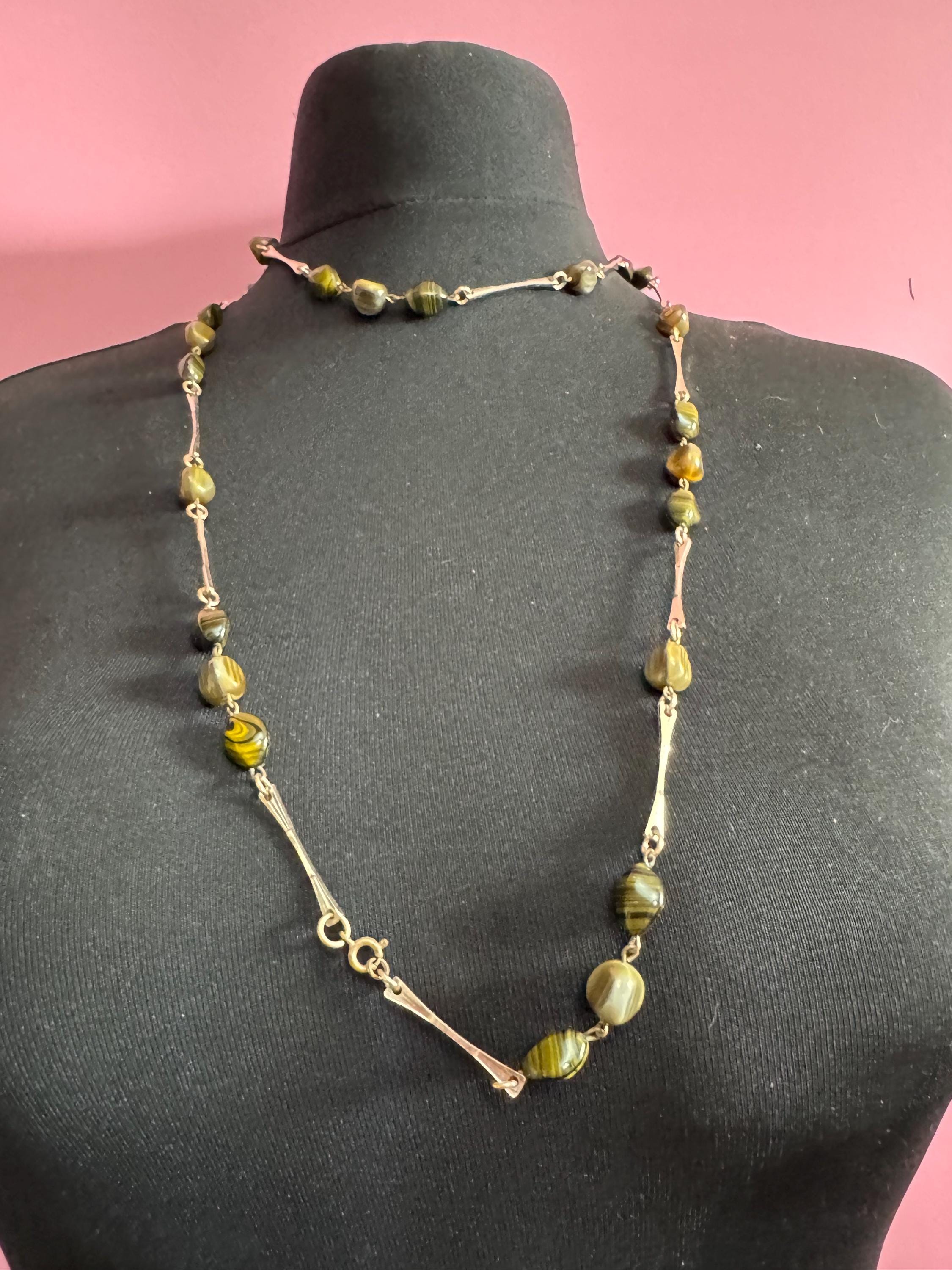 Vintage beaded station Necklace with brown gemstone agate beads 130cm flapper length chain, 1970s gold Tone