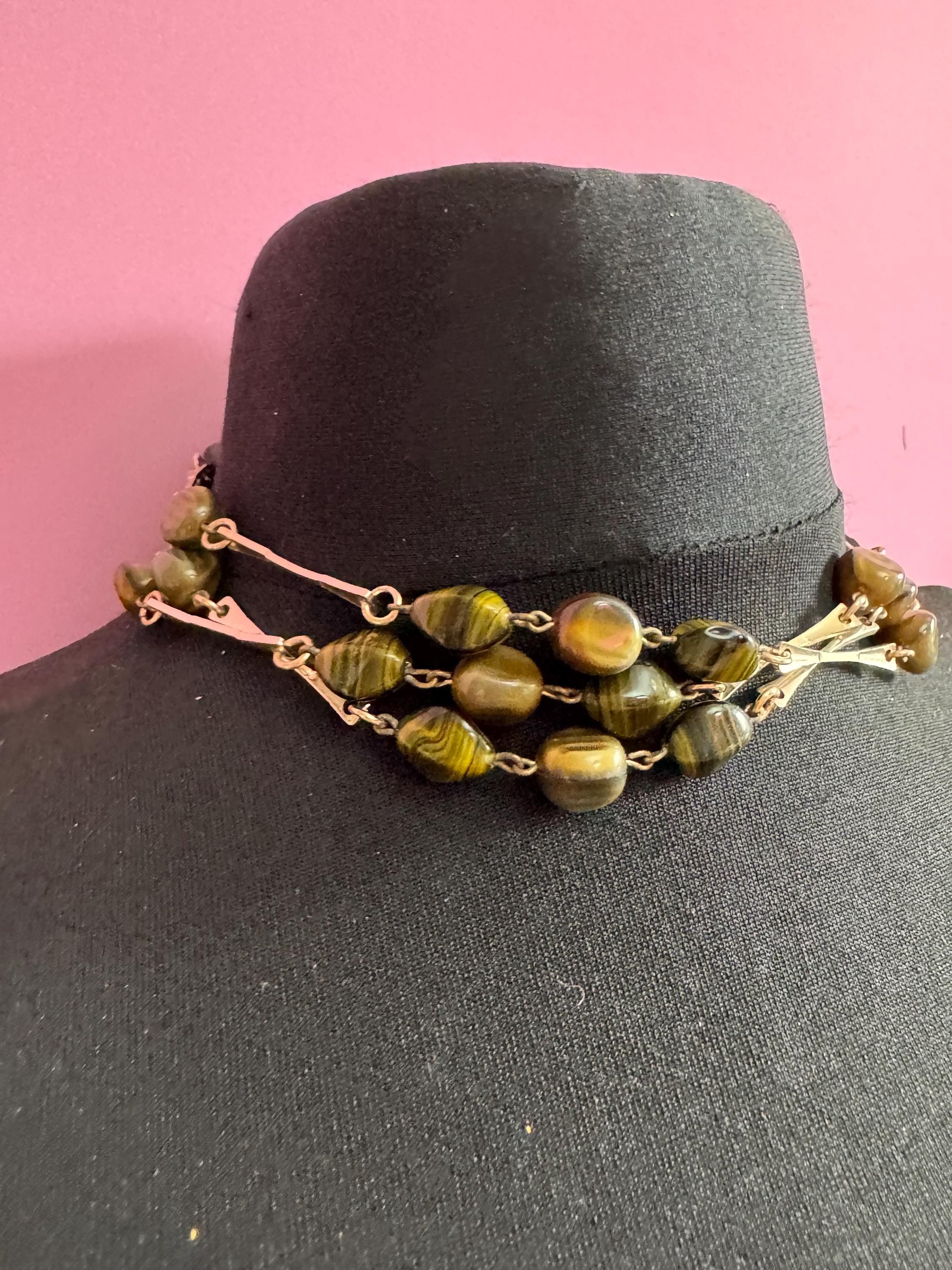 Vintage beaded station Necklace with brown gemstone agate beads 130cm flapper length chain, 1970s gold Tone