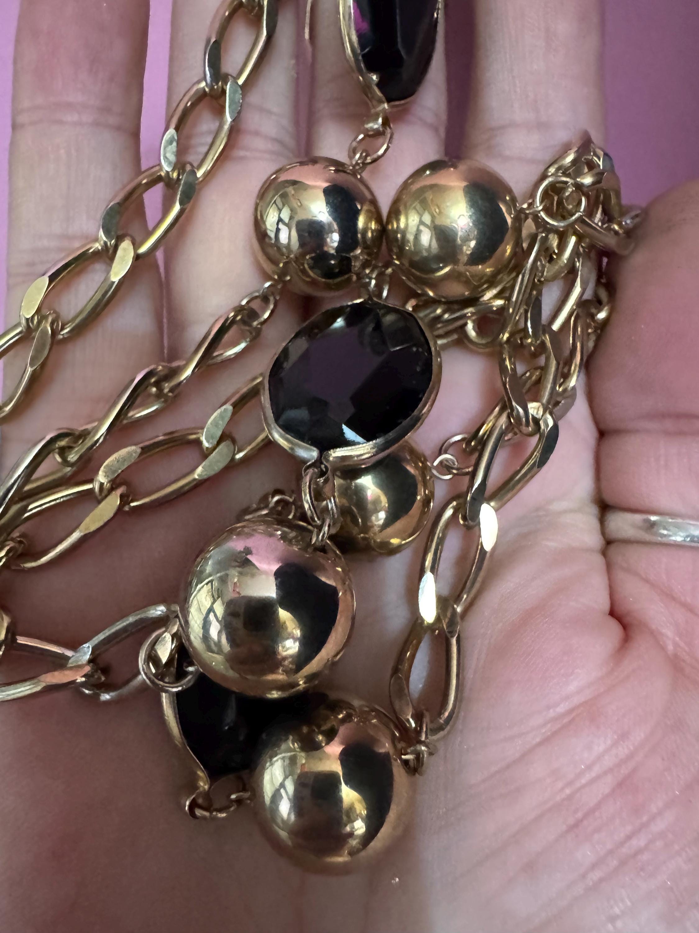 vintage 88cm long gold tone  big ball chain link black beaded station necklace