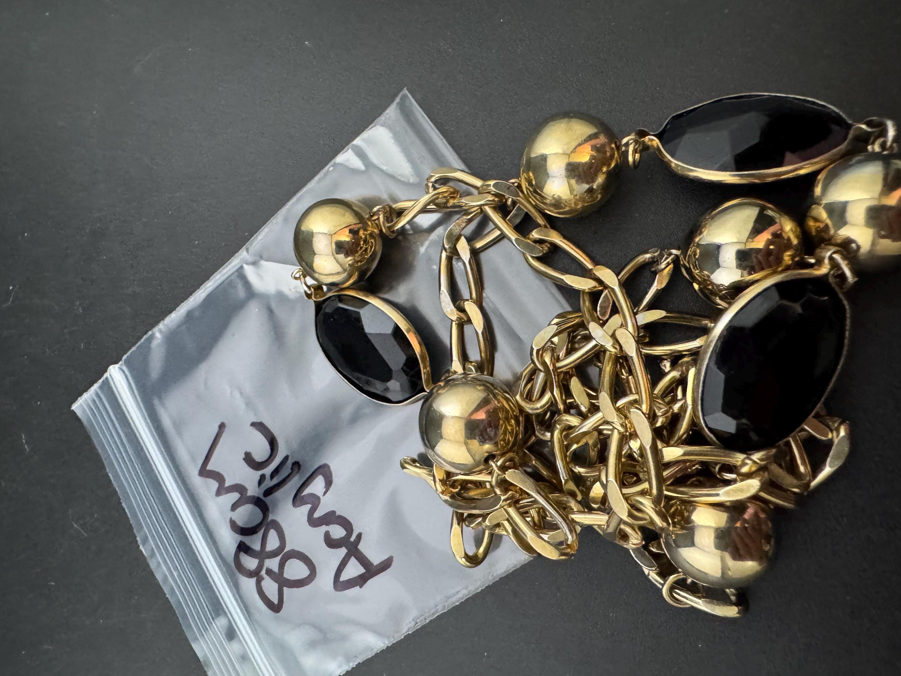 vintage 88cm long gold tone  big ball chain link black beaded station necklace