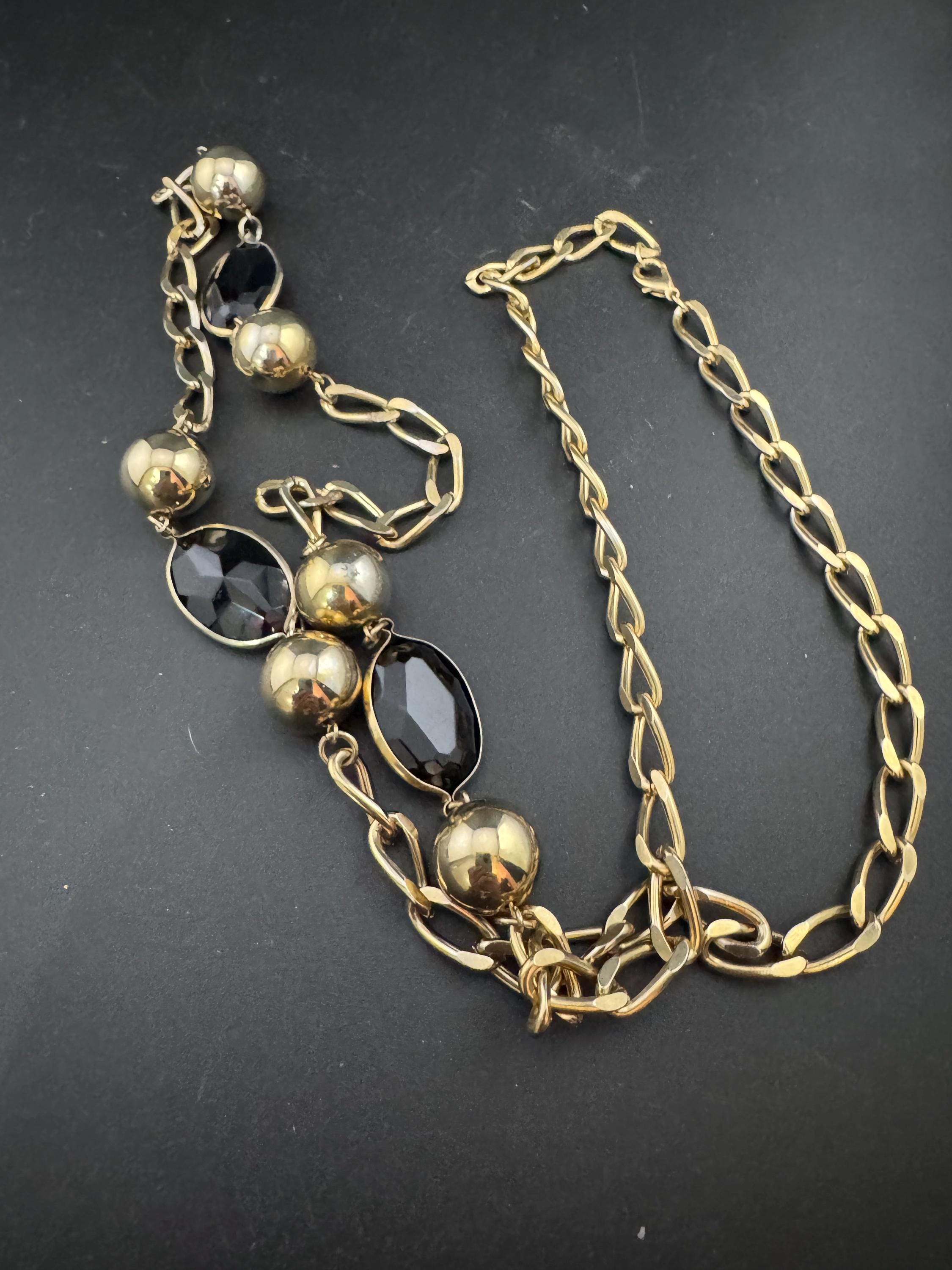 vintage 88cm long gold tone  big ball chain link black beaded station necklace