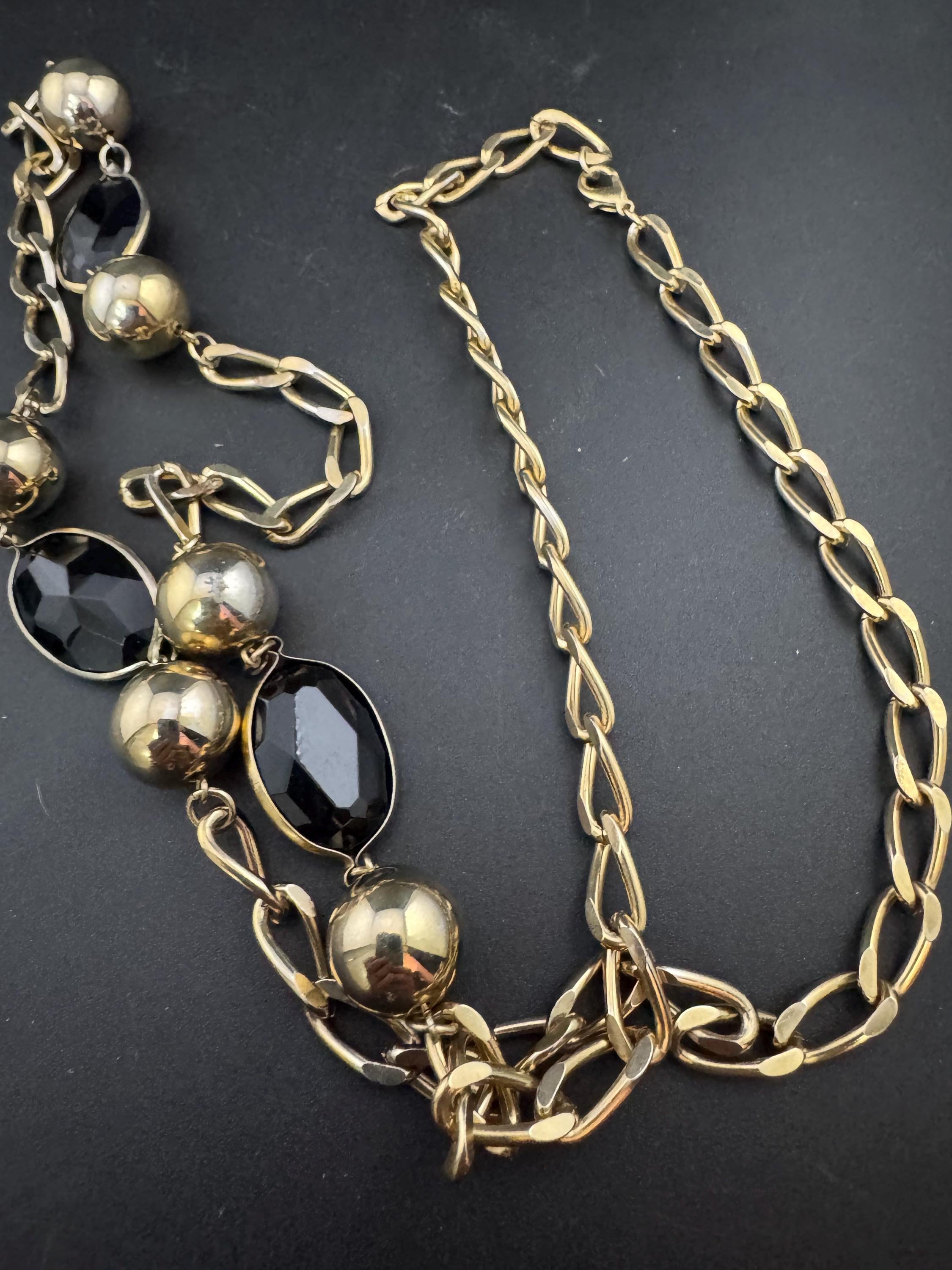 vintage 88cm long gold tone  big ball chain link black beaded station necklace