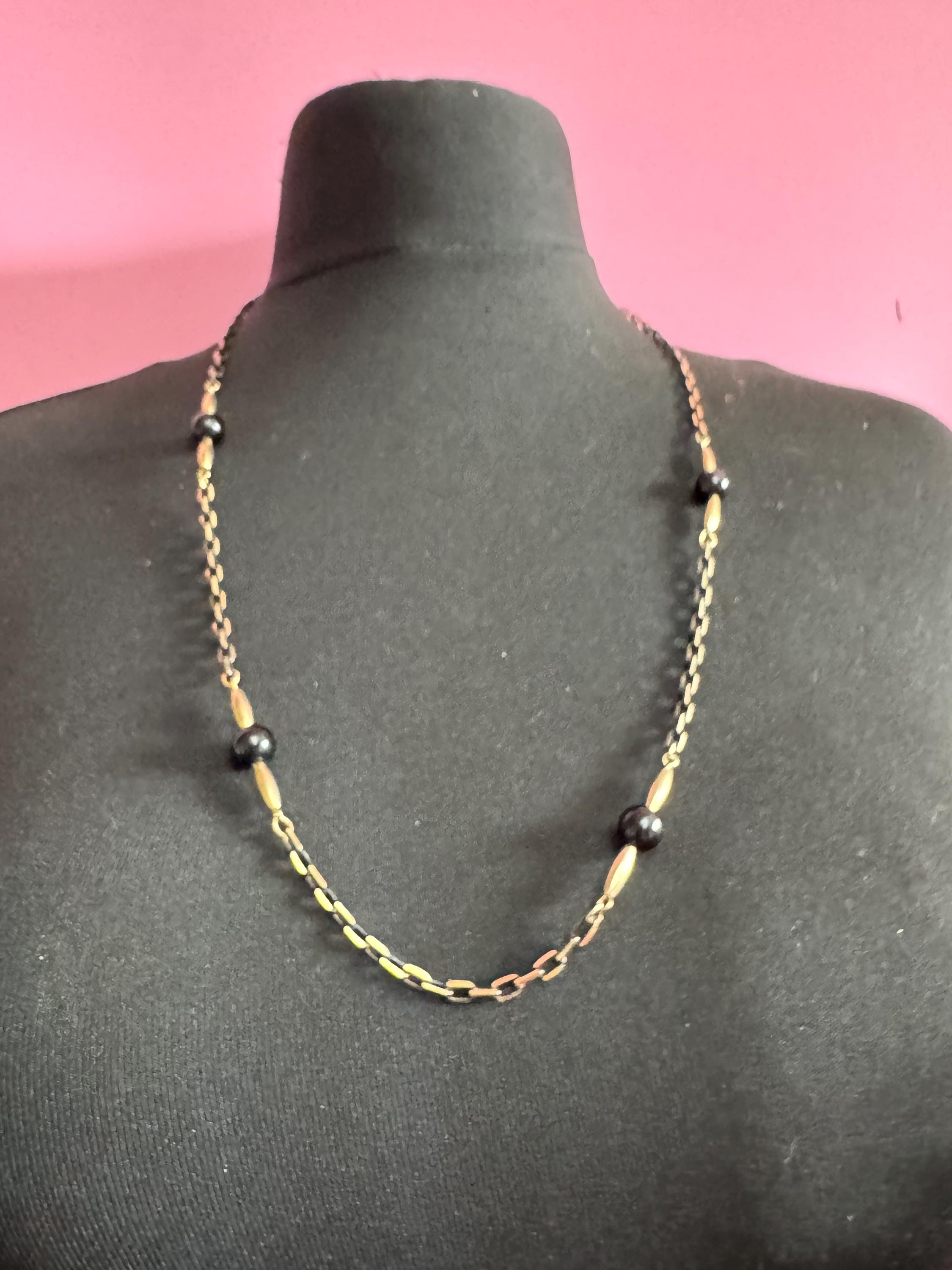 vintage blackened long gold tone  black glass ball beaded chain link station necklace 75cm