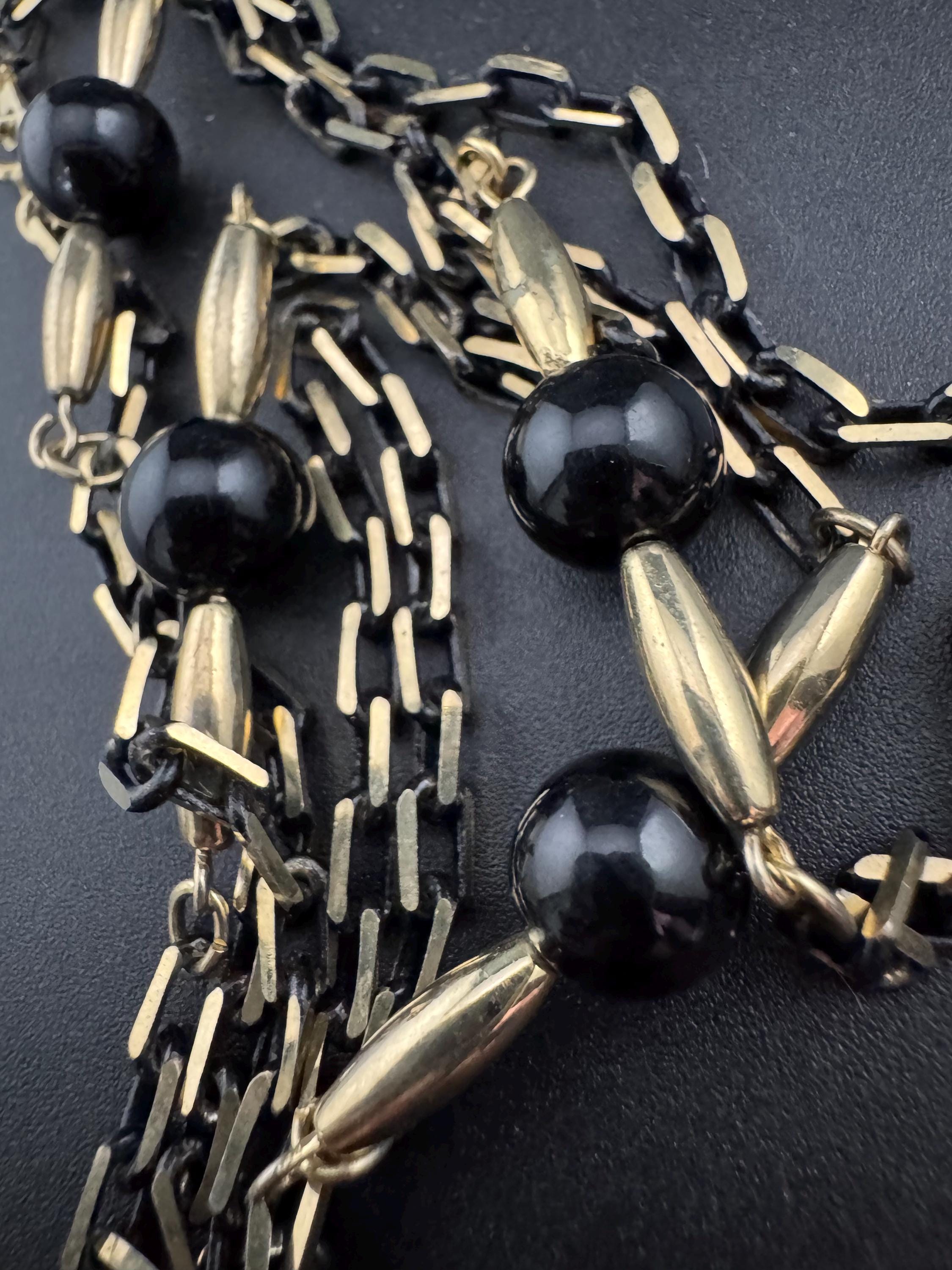 vintage blackened long gold tone  black glass ball beaded chain link station necklace 75cm
