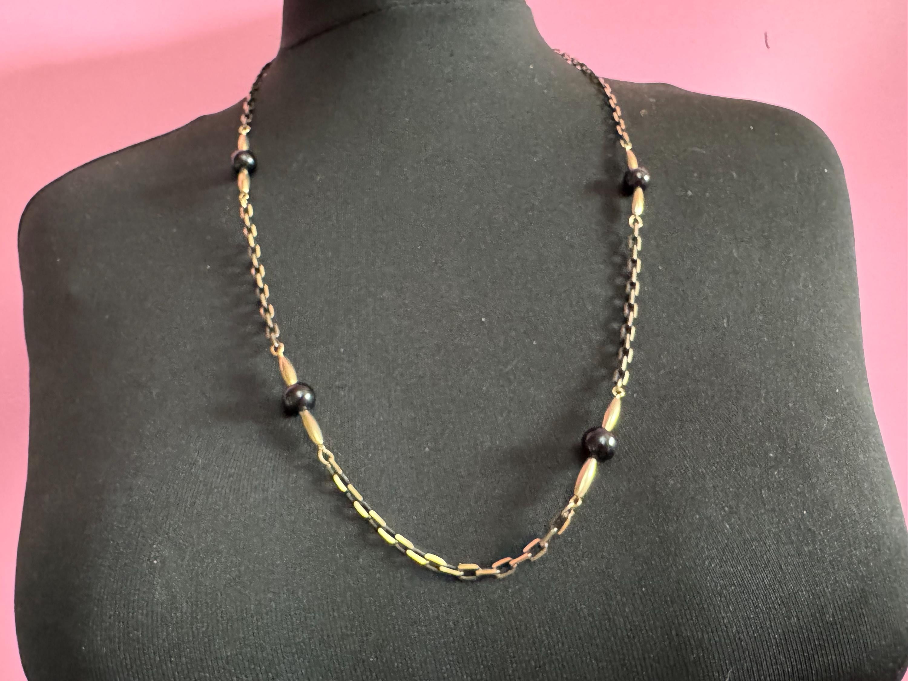 vintage blackened long gold tone  black glass ball beaded chain link station necklace 75cm
