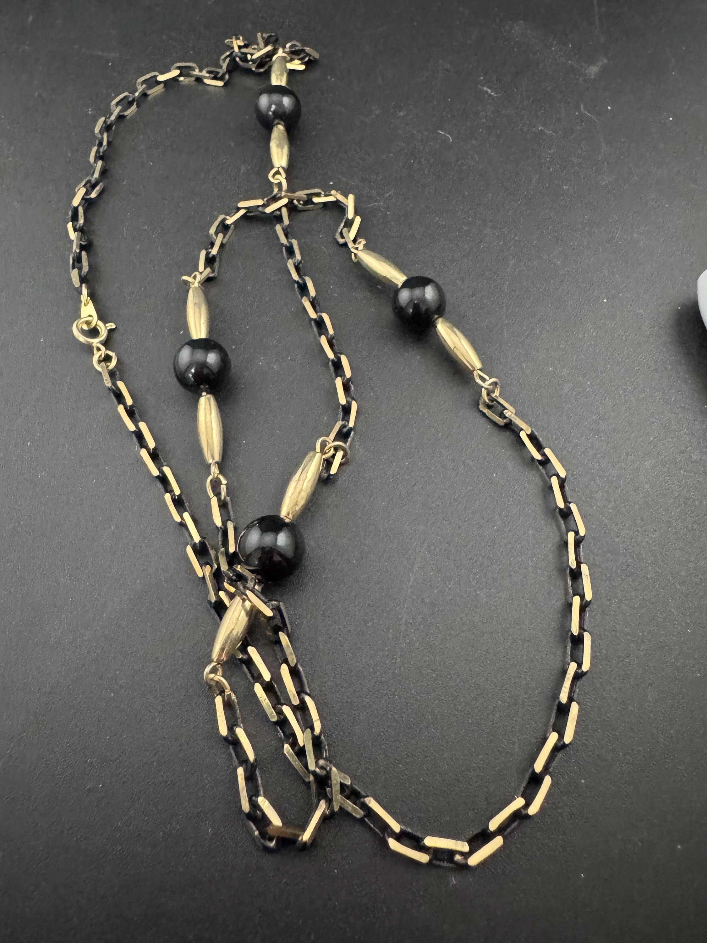 vintage blackened long gold tone  black glass ball beaded chain link station necklace 75cm