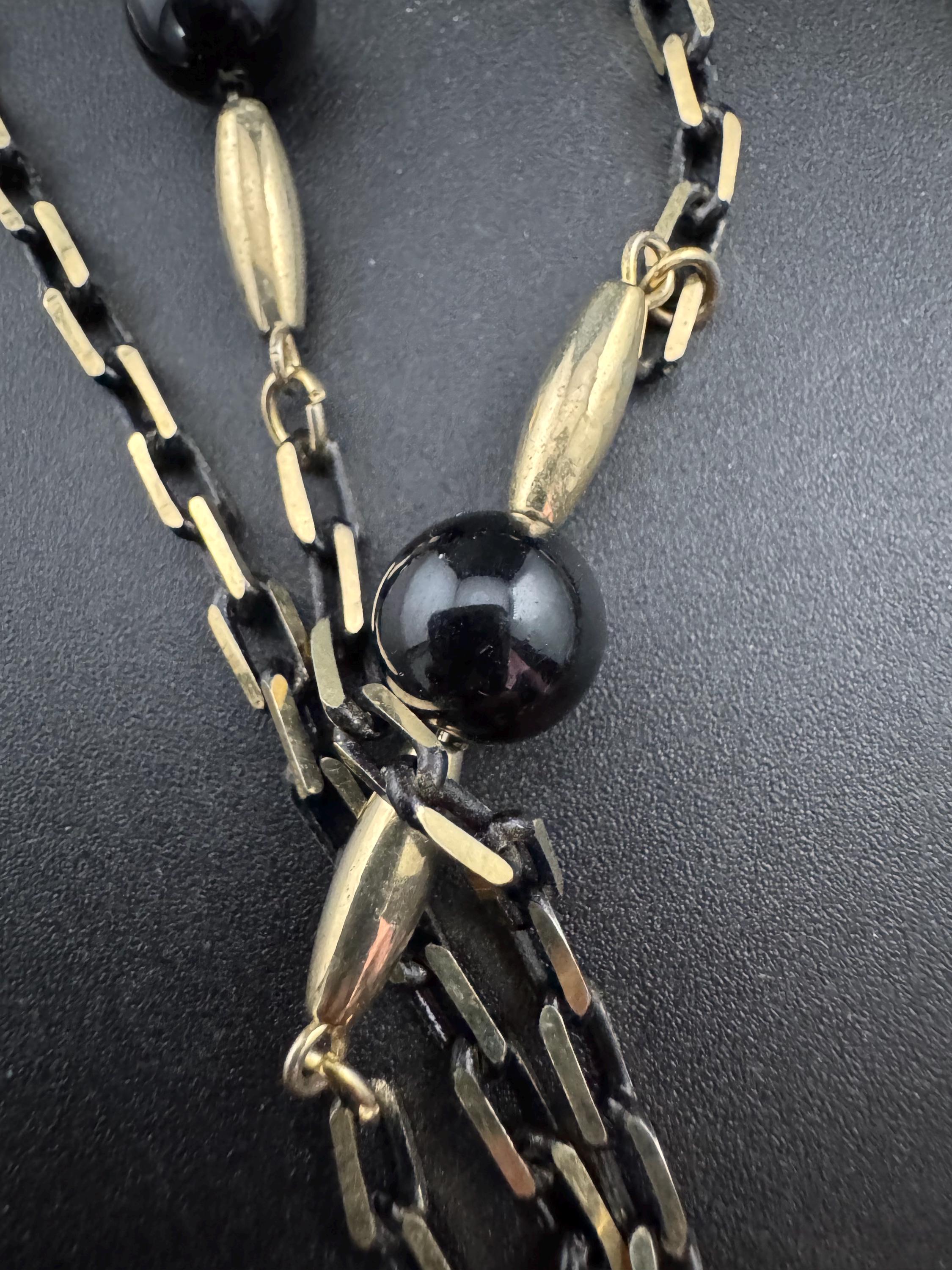 vintage blackened long gold tone  black glass ball beaded chain link station necklace 75cm