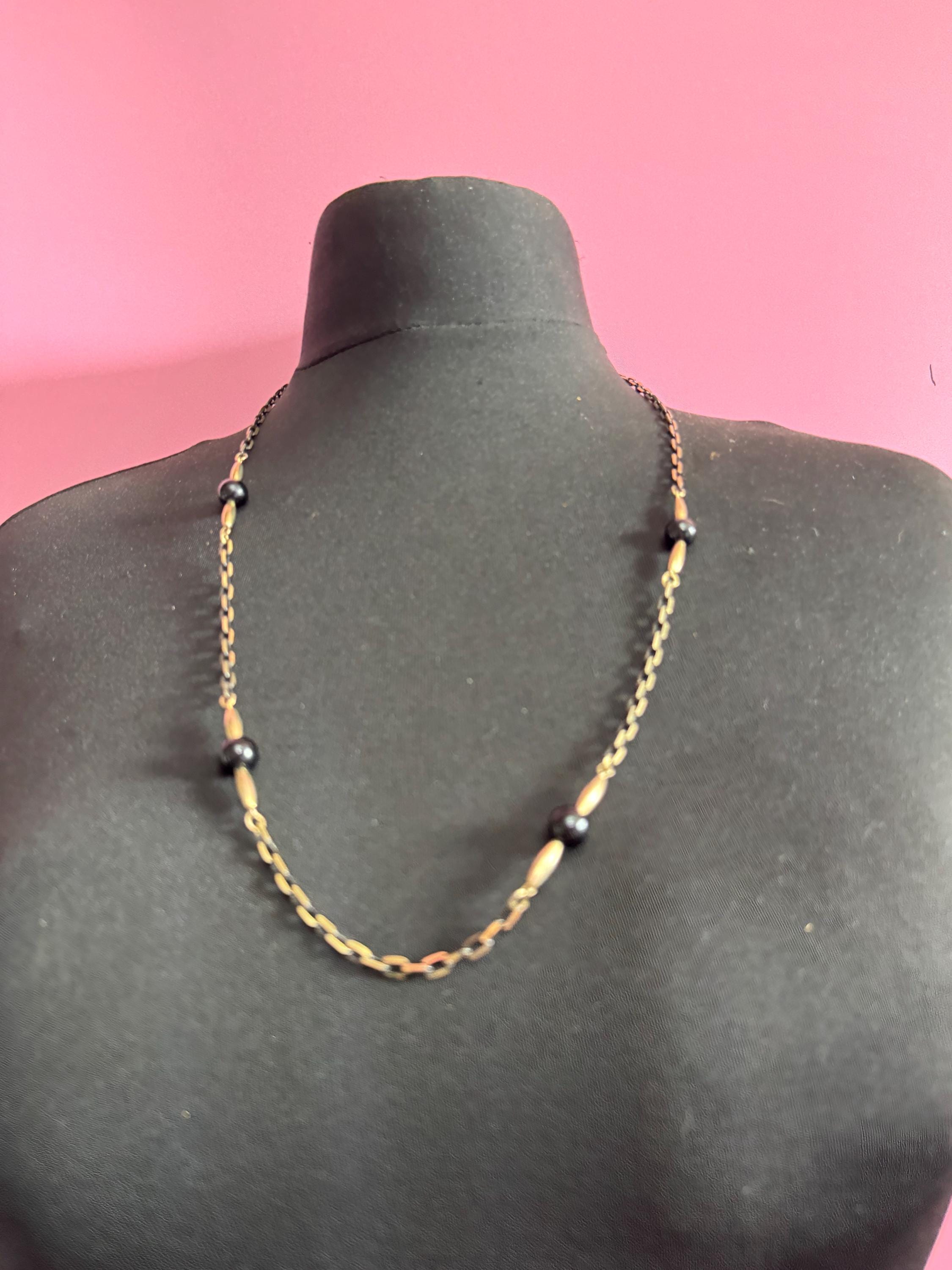 vintage blackened long gold tone  black glass ball beaded chain link station necklace 75cm