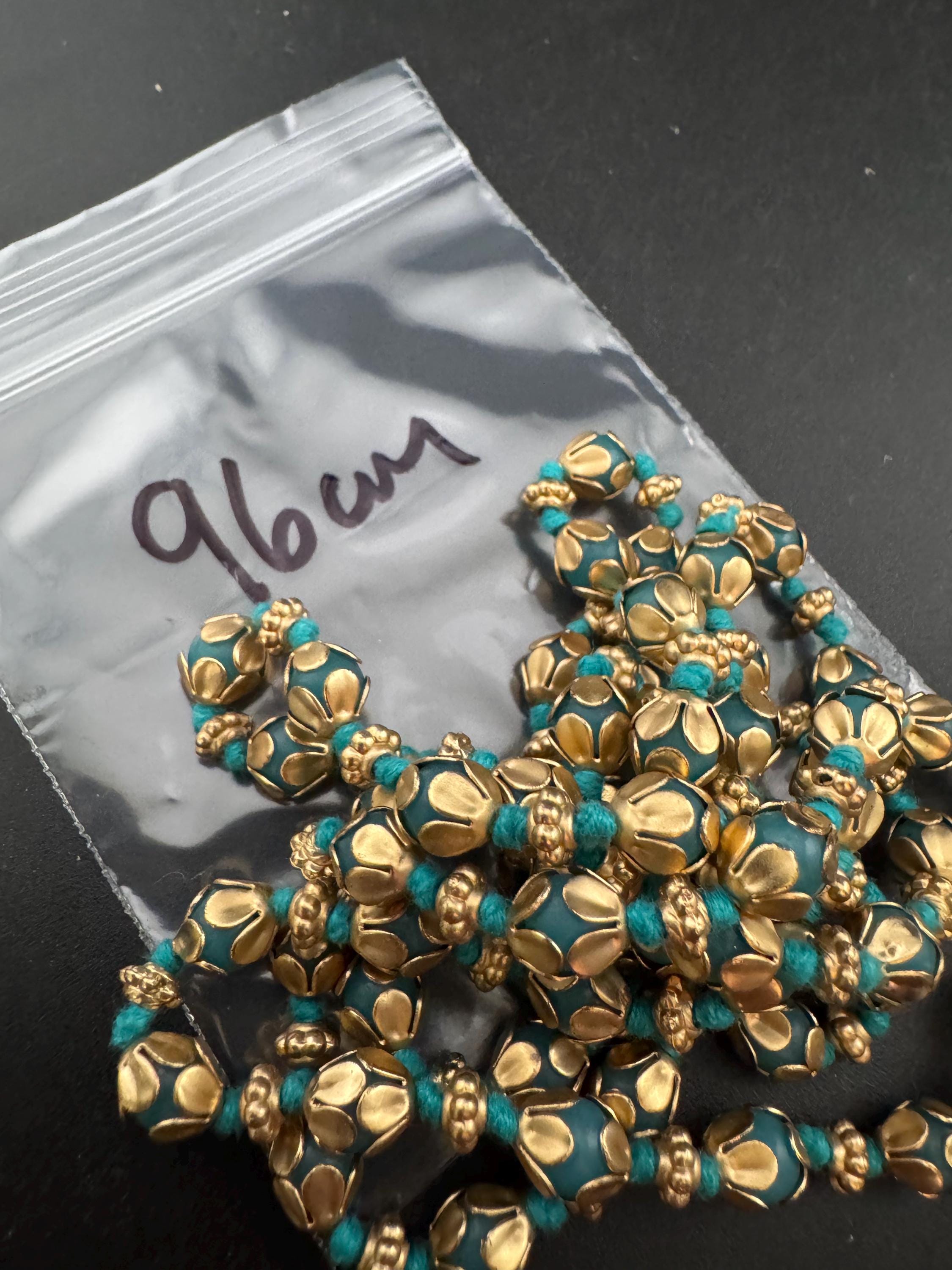 Vintage old turquoise glass beaded matt gold tone long bead necklace blue
