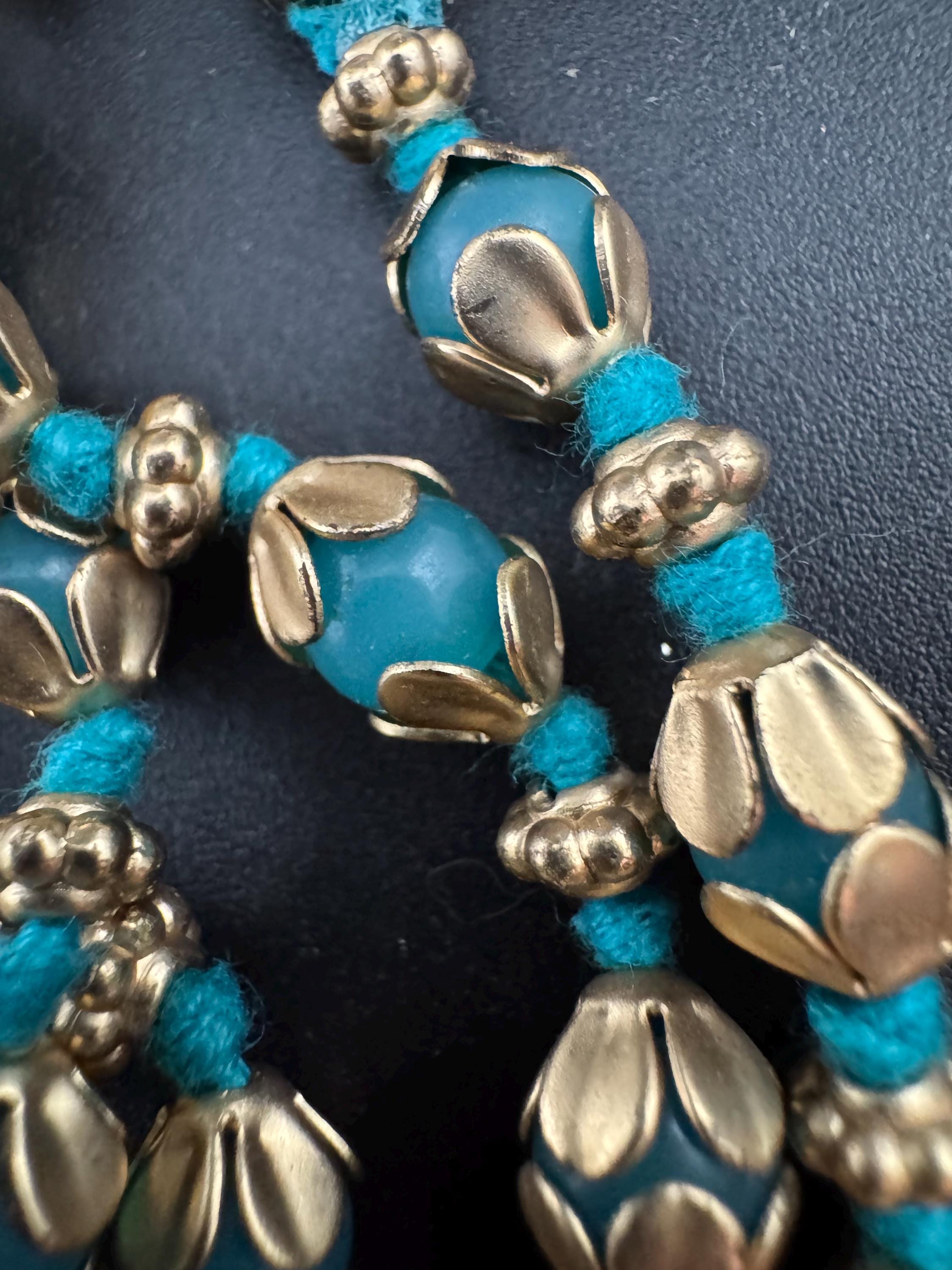 Vintage old turquoise glass beaded matt gold tone long bead necklace blue