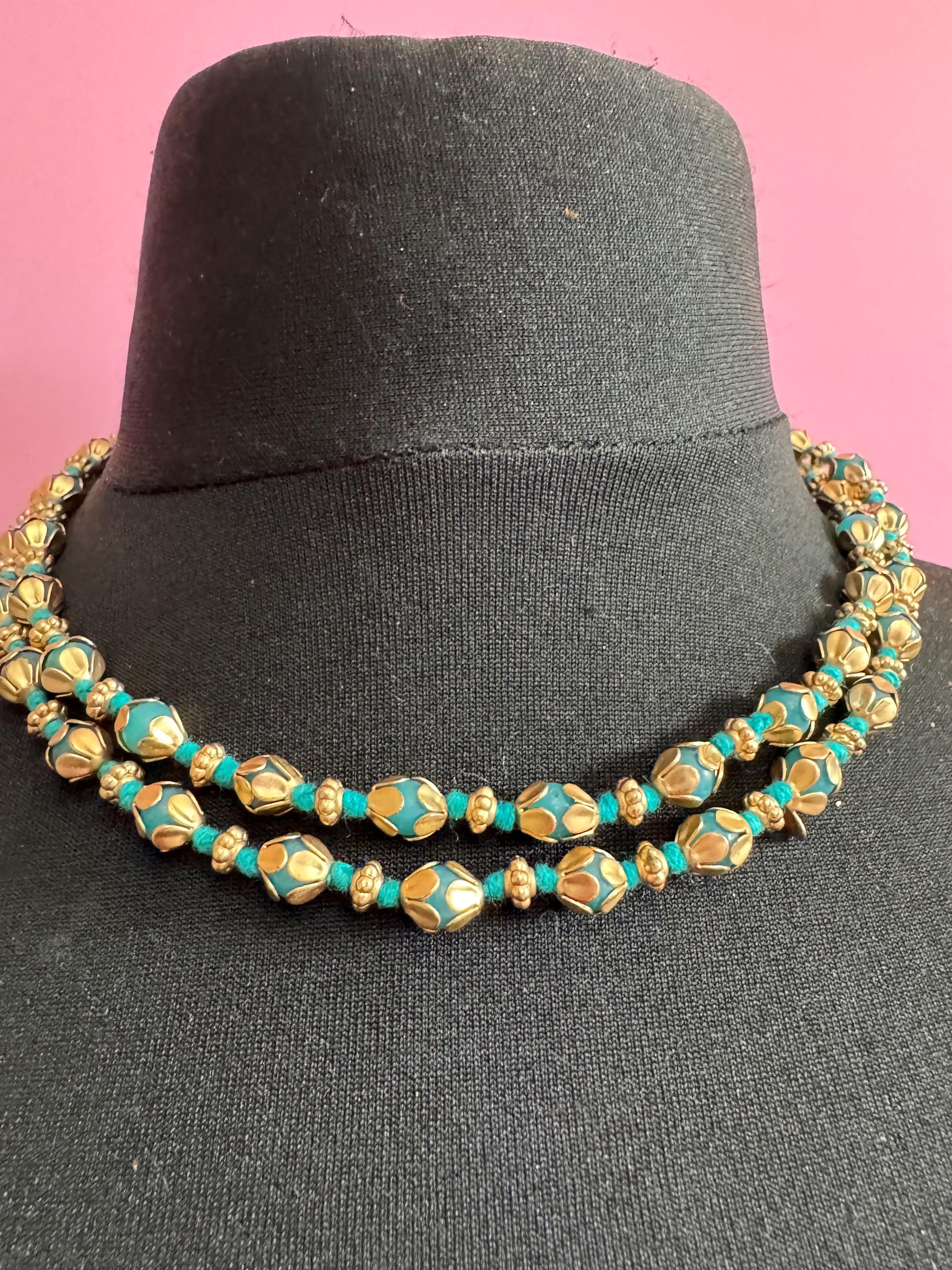 Vintage old turquoise glass beaded matt gold tone long bead necklace blue