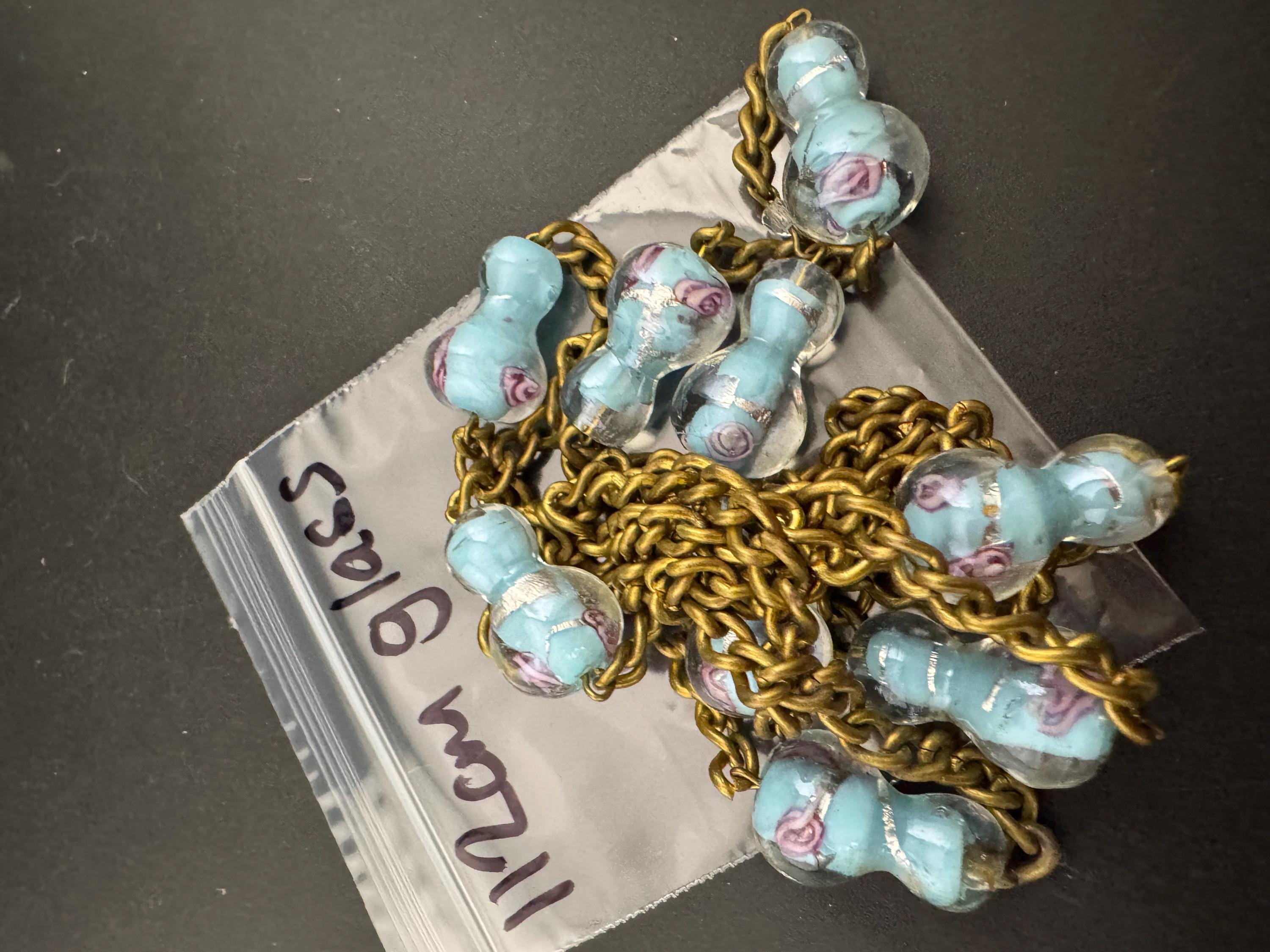 Vintage old turquoise end of day pink roses cased glass beaded brass gold tone long bead necklace, 112cm blue