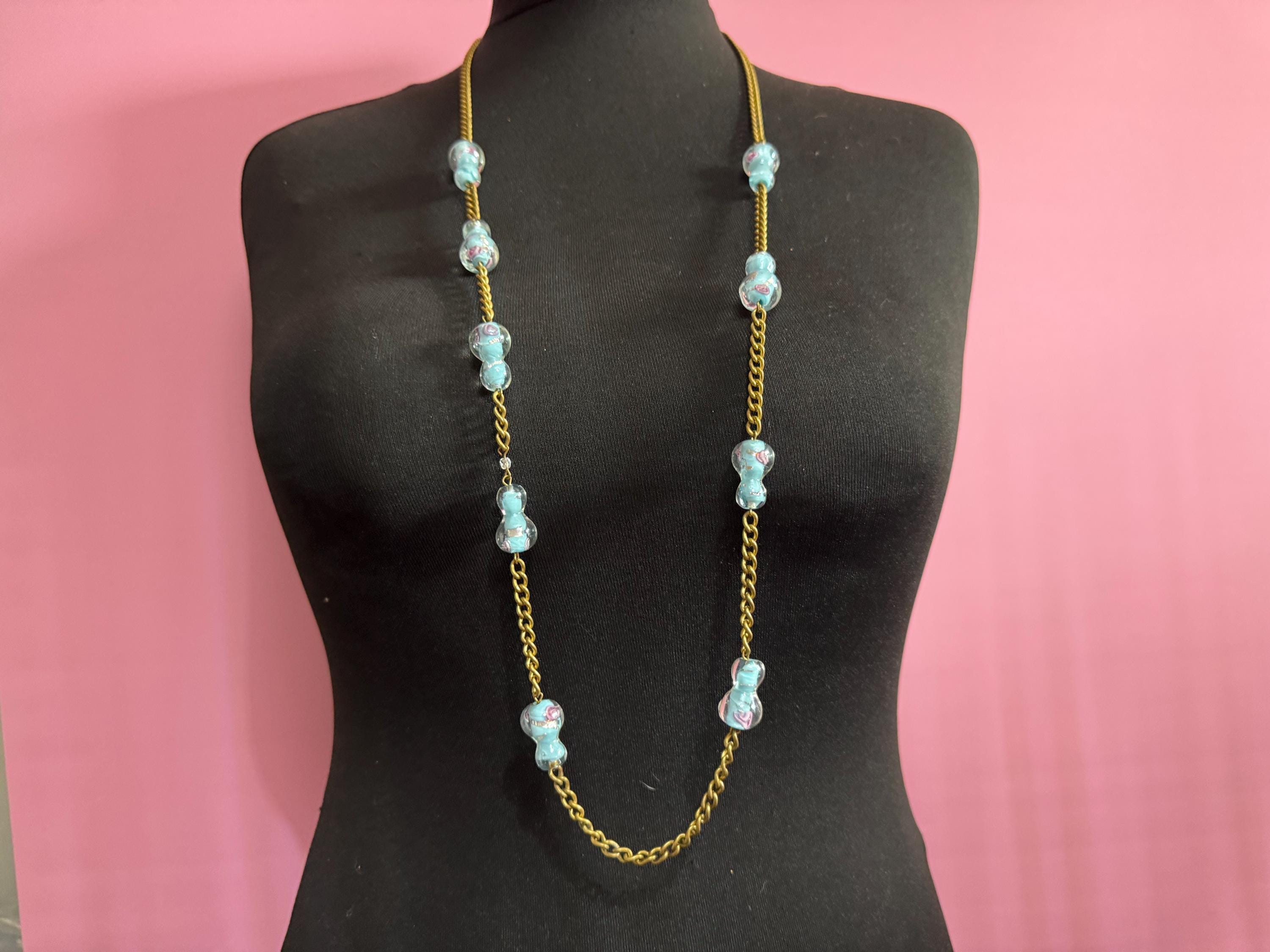 Vintage old turquoise end of day pink roses cased glass beaded brass gold tone long bead necklace, 112cm blue
