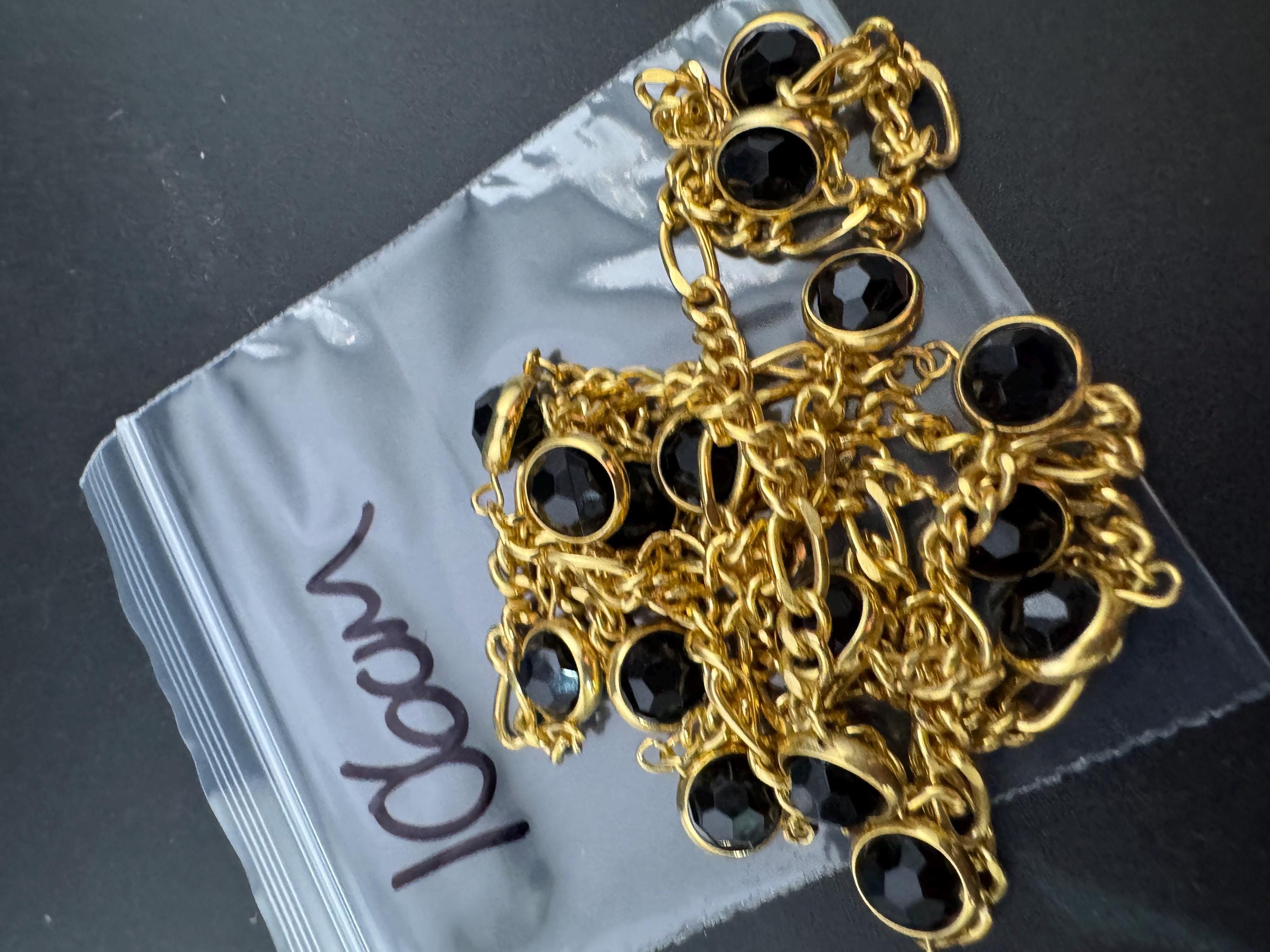 Retro Rivière bezel set black acrylic faceted  vintage gold tone chain necklace 106cm long length