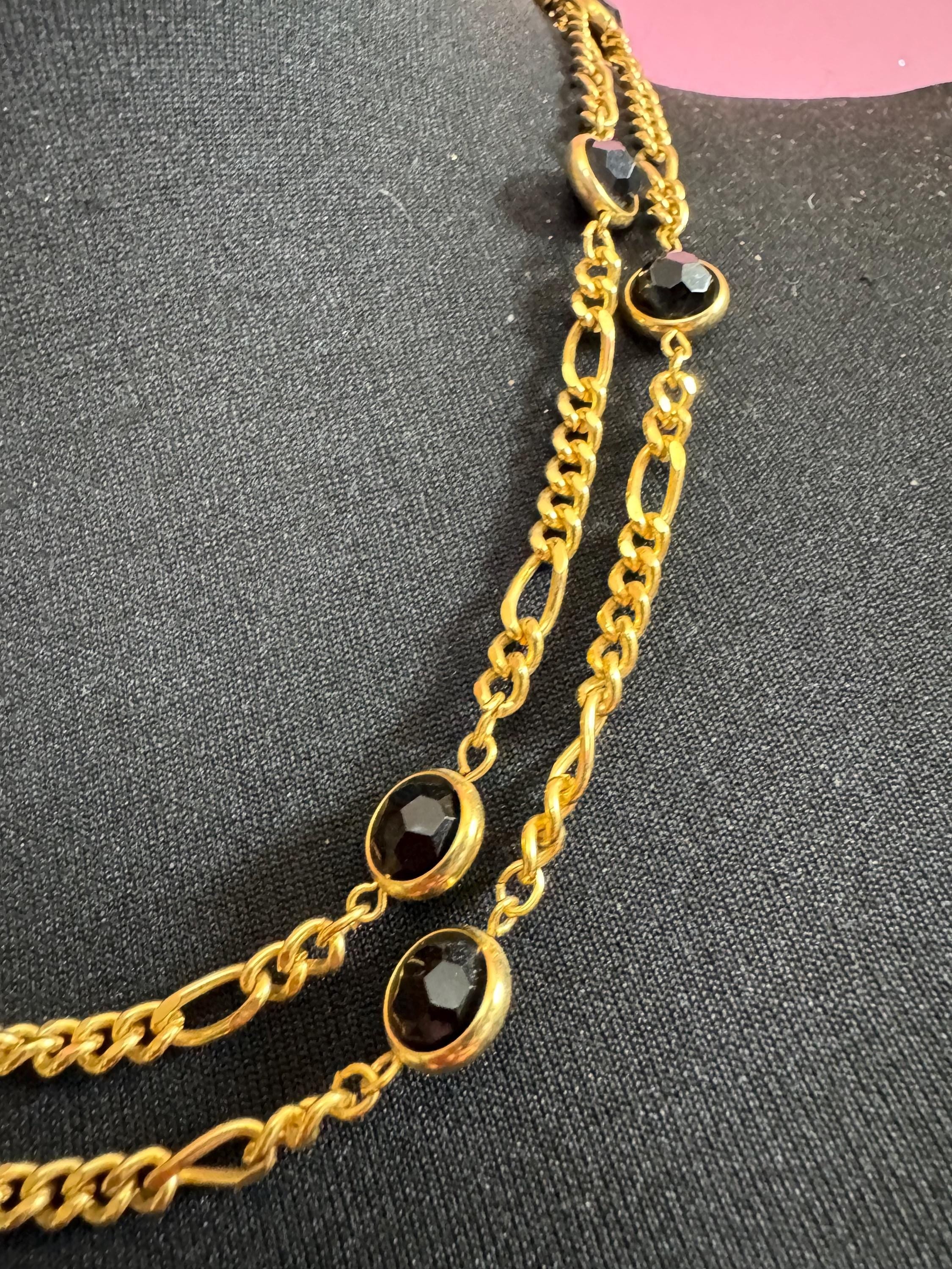 Retro Rivière bezel set black acrylic faceted  vintage gold tone chain necklace 106cm long length