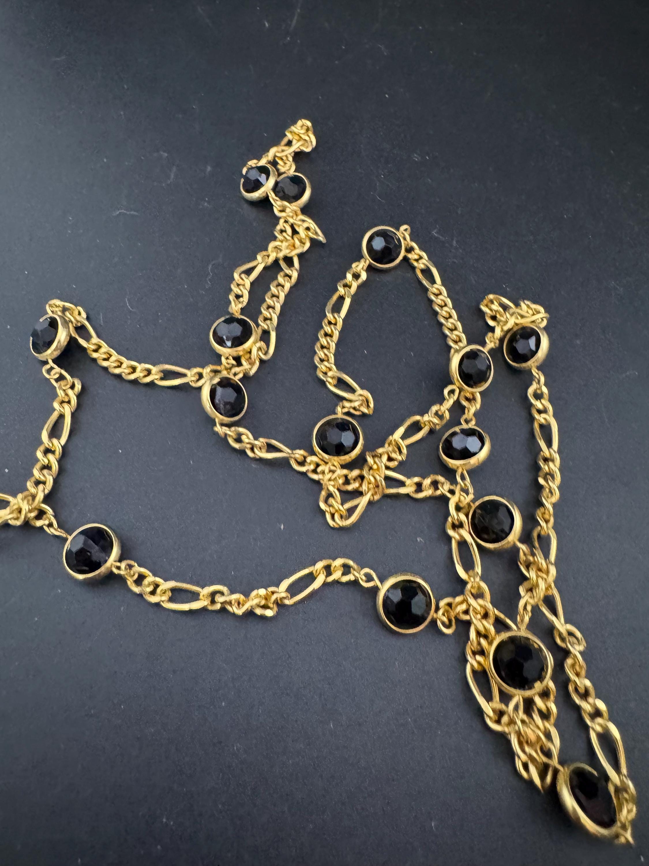 Retro Rivière bezel set black acrylic faceted  vintage gold tone chain necklace 106cm long length