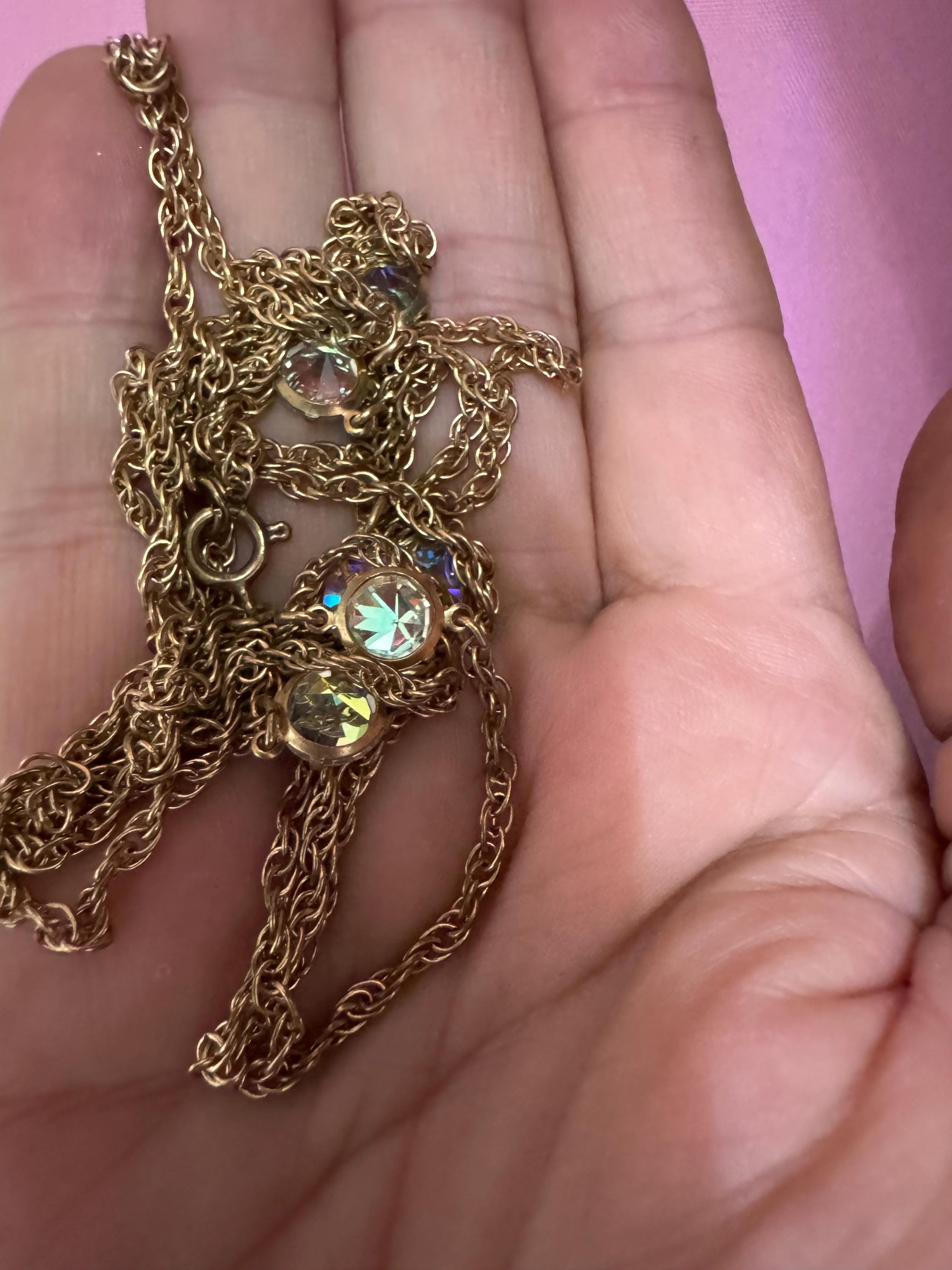 Aurora Borealis Glass Station Necklace: Vintage Gold Tone Rivière, 120cm