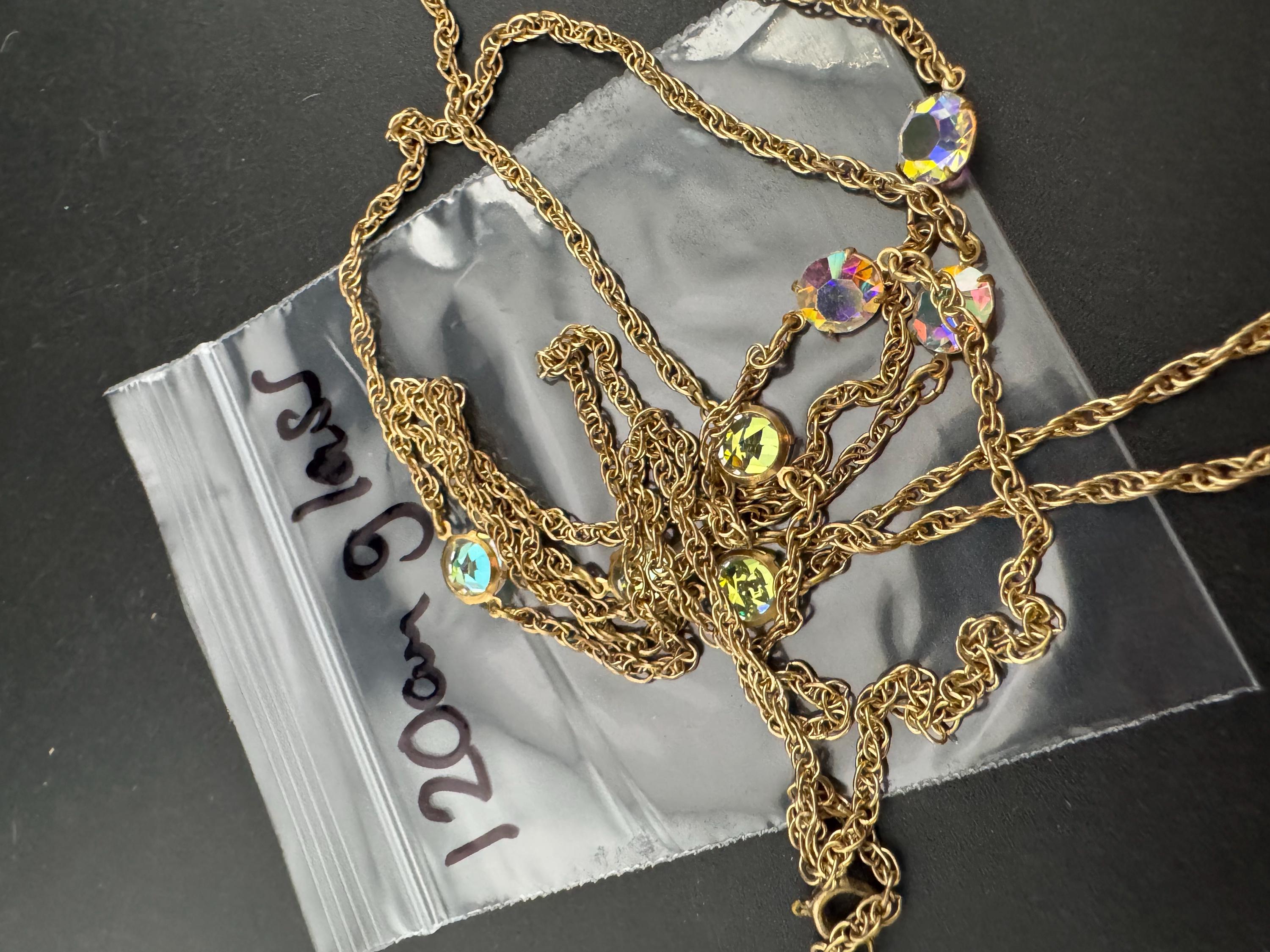 Aurora Borealis Glass Station Necklace: Vintage Gold Tone Rivière, 120cm