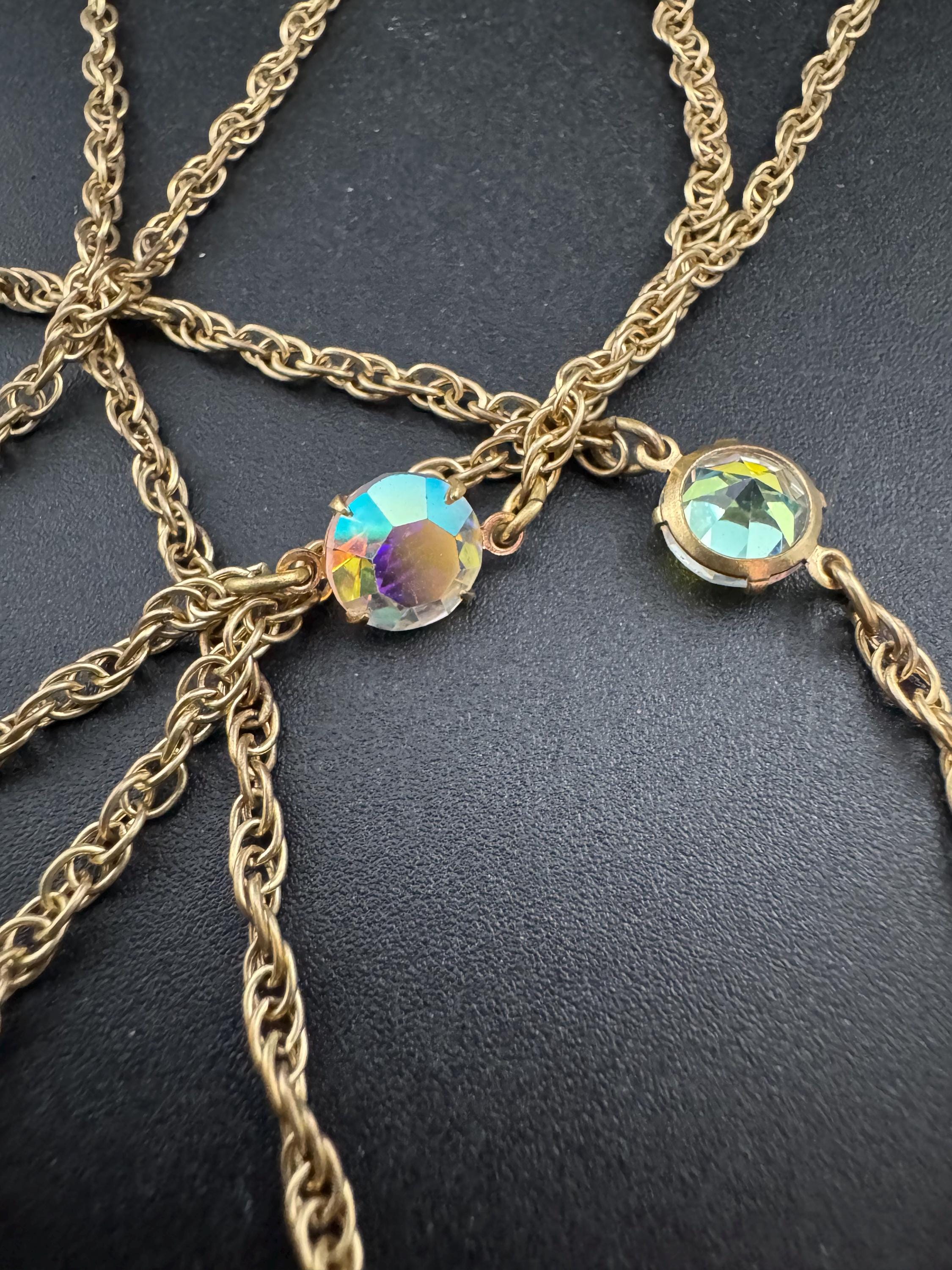 Aurora Borealis Glass Station Necklace: Vintage Gold Tone Rivière, 120cm
