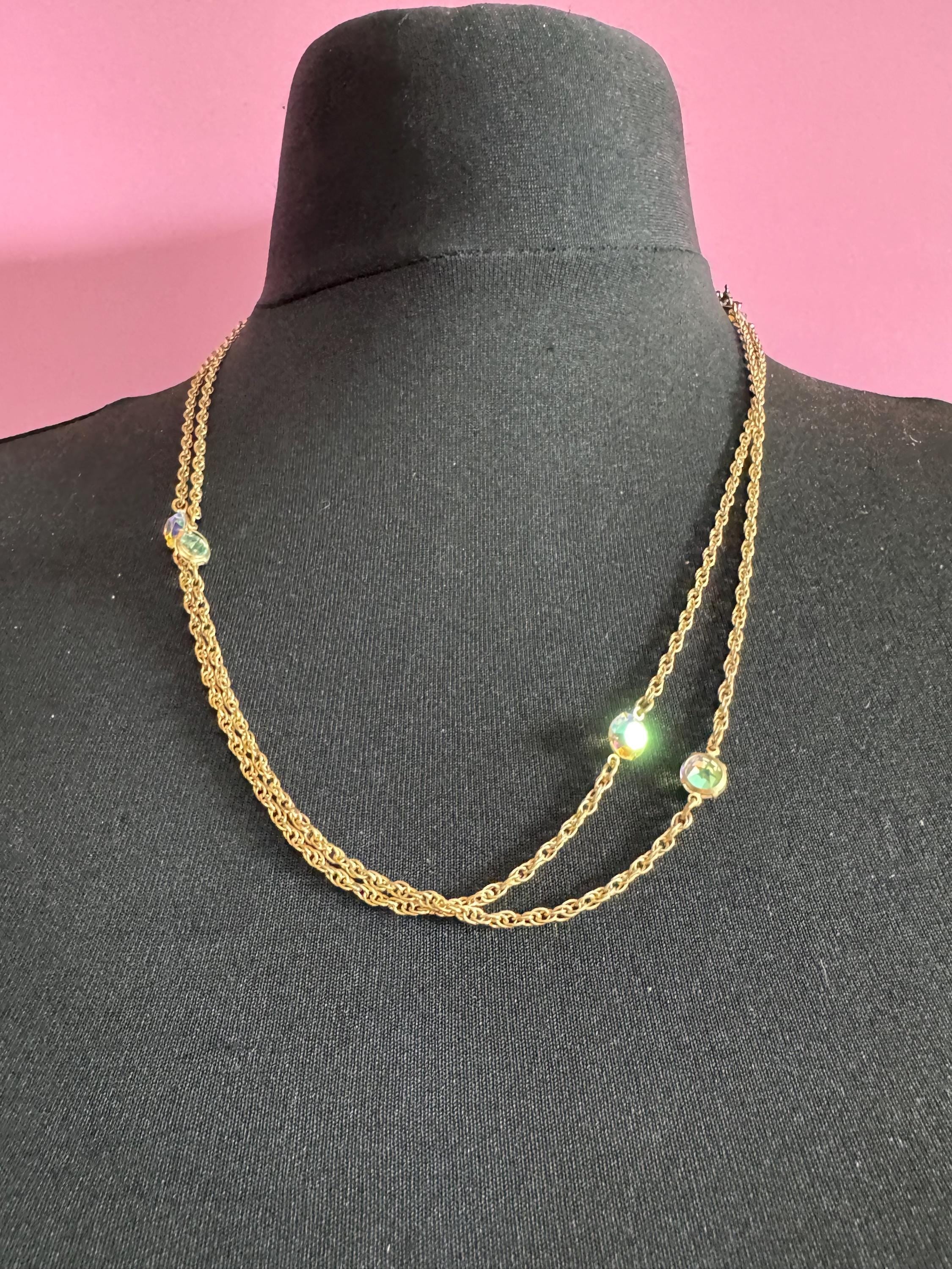Aurora Borealis Glass Station Necklace: Vintage Gold Tone Rivière, 120cm