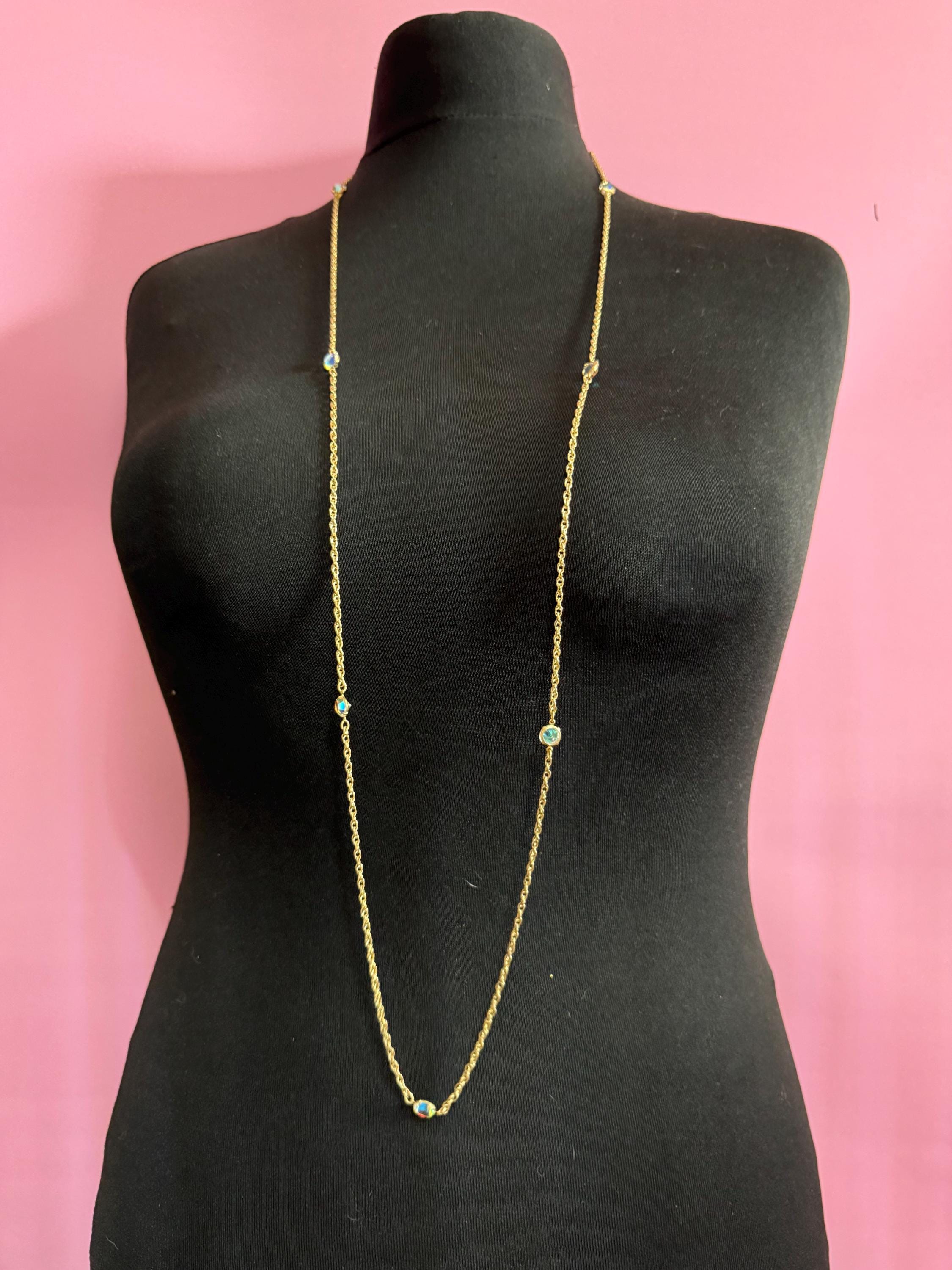 Aurora Borealis Glass Station Necklace: Vintage Gold Tone Rivière, 120cm