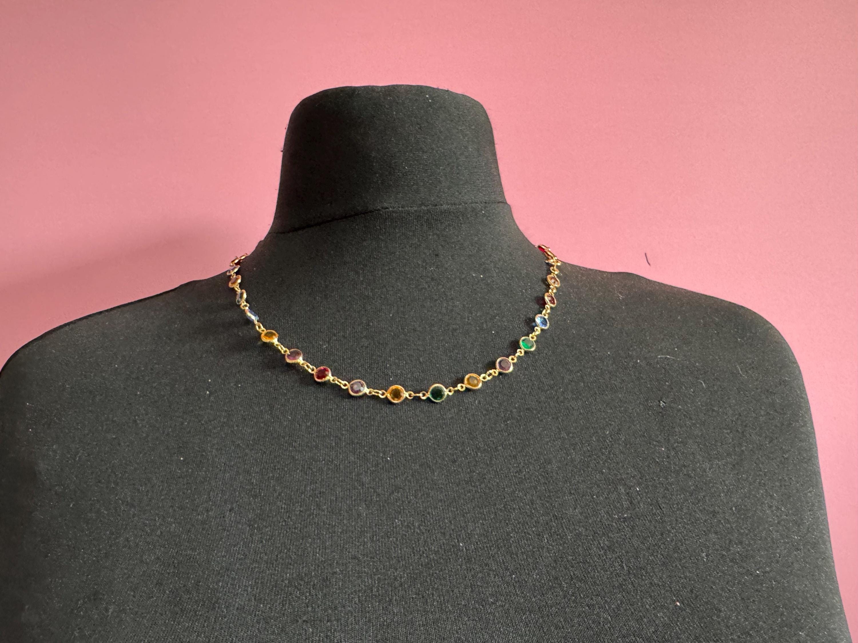 Dainty fine vintage multi coloured crystal glass Rivière bezel gold plated necklace, 53cm