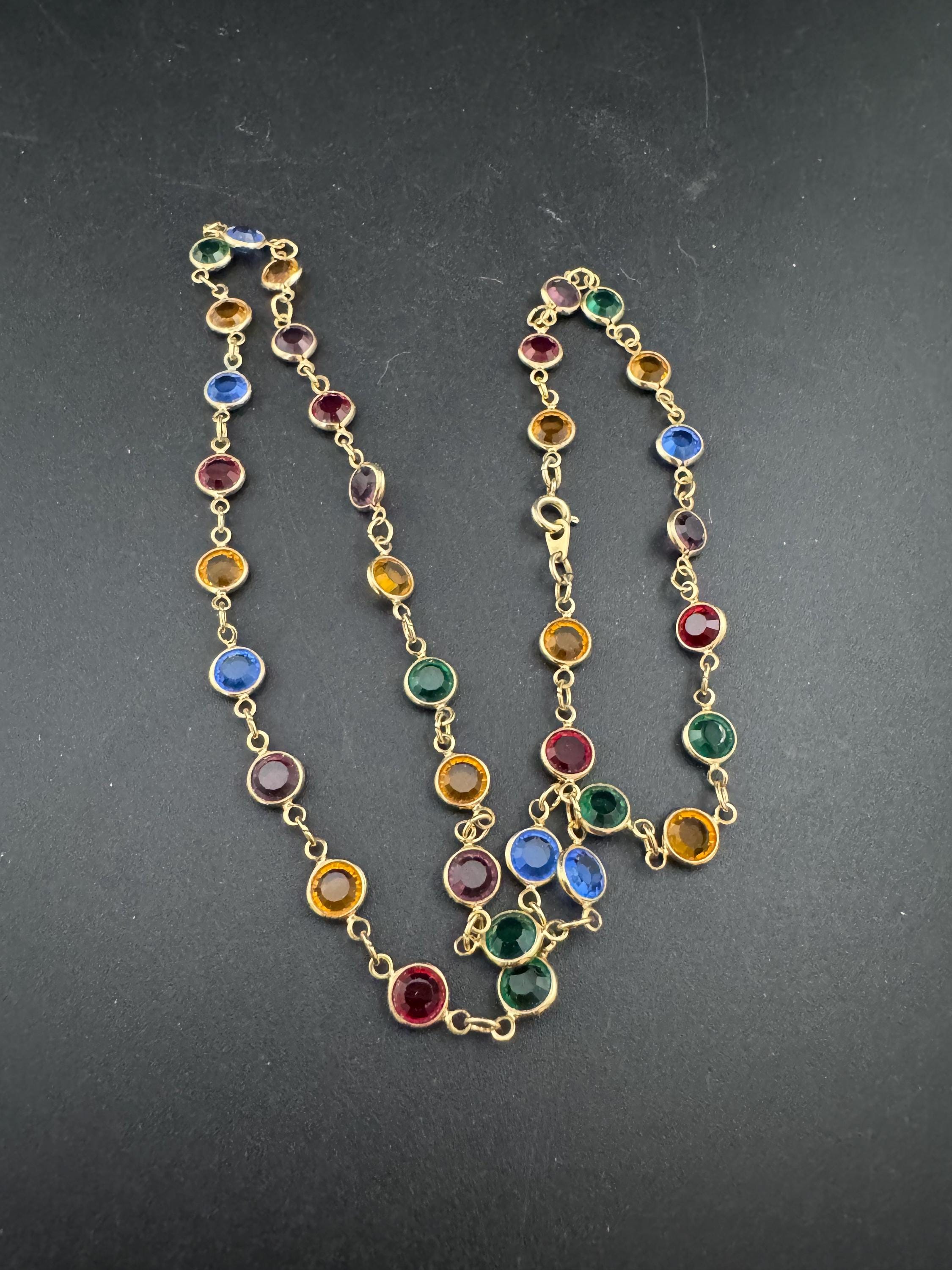 Dainty fine vintage multi coloured crystal glass Rivière bezel gold plated necklace, 53cm