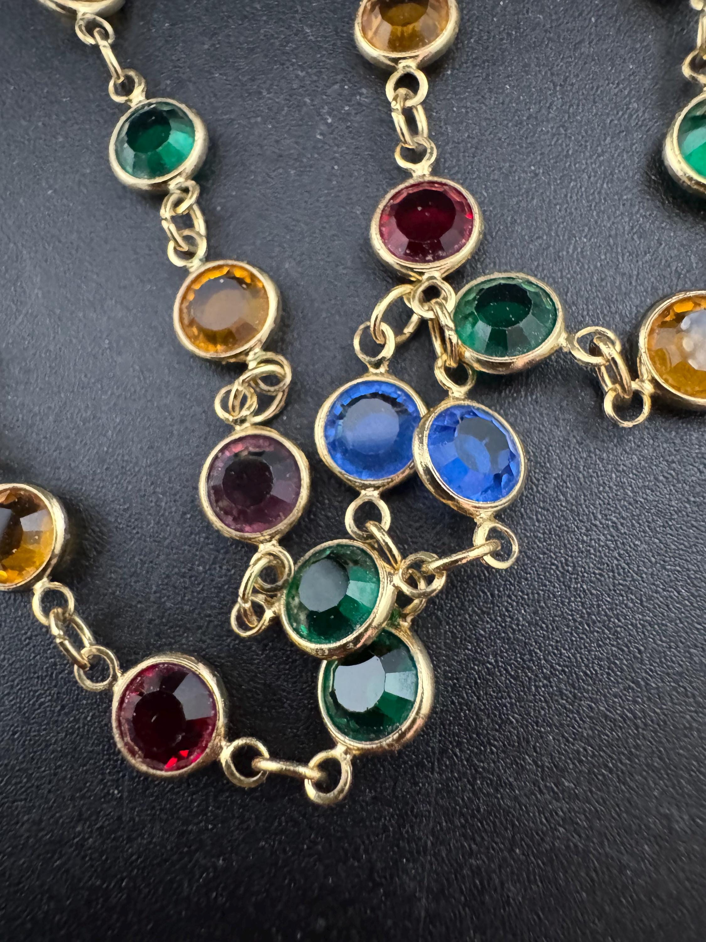 Dainty fine vintage multi coloured crystal glass Rivière bezel gold plated necklace, 53cm