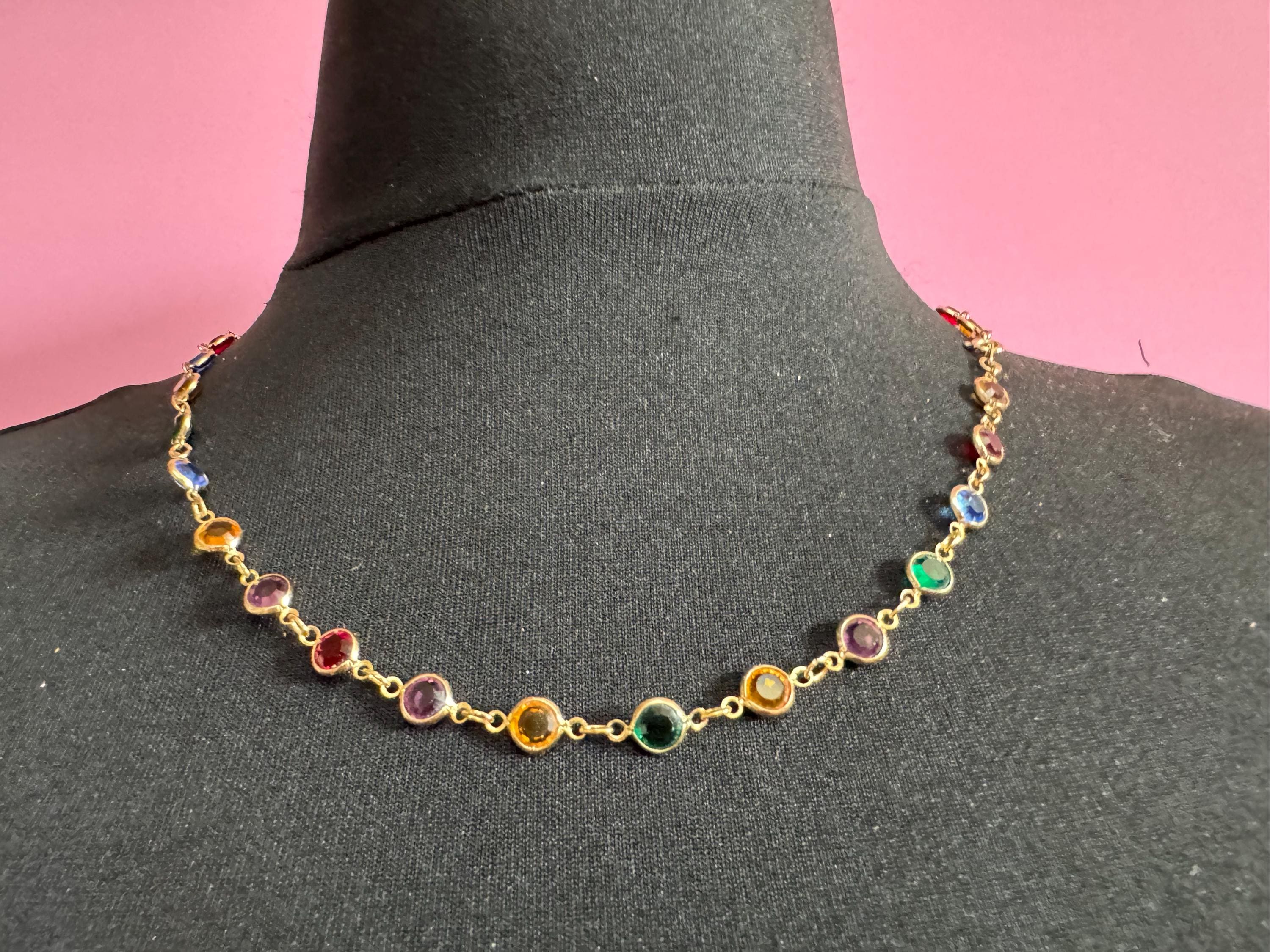 Dainty fine vintage multi coloured crystal glass Rivière bezel gold plated necklace, 53cm