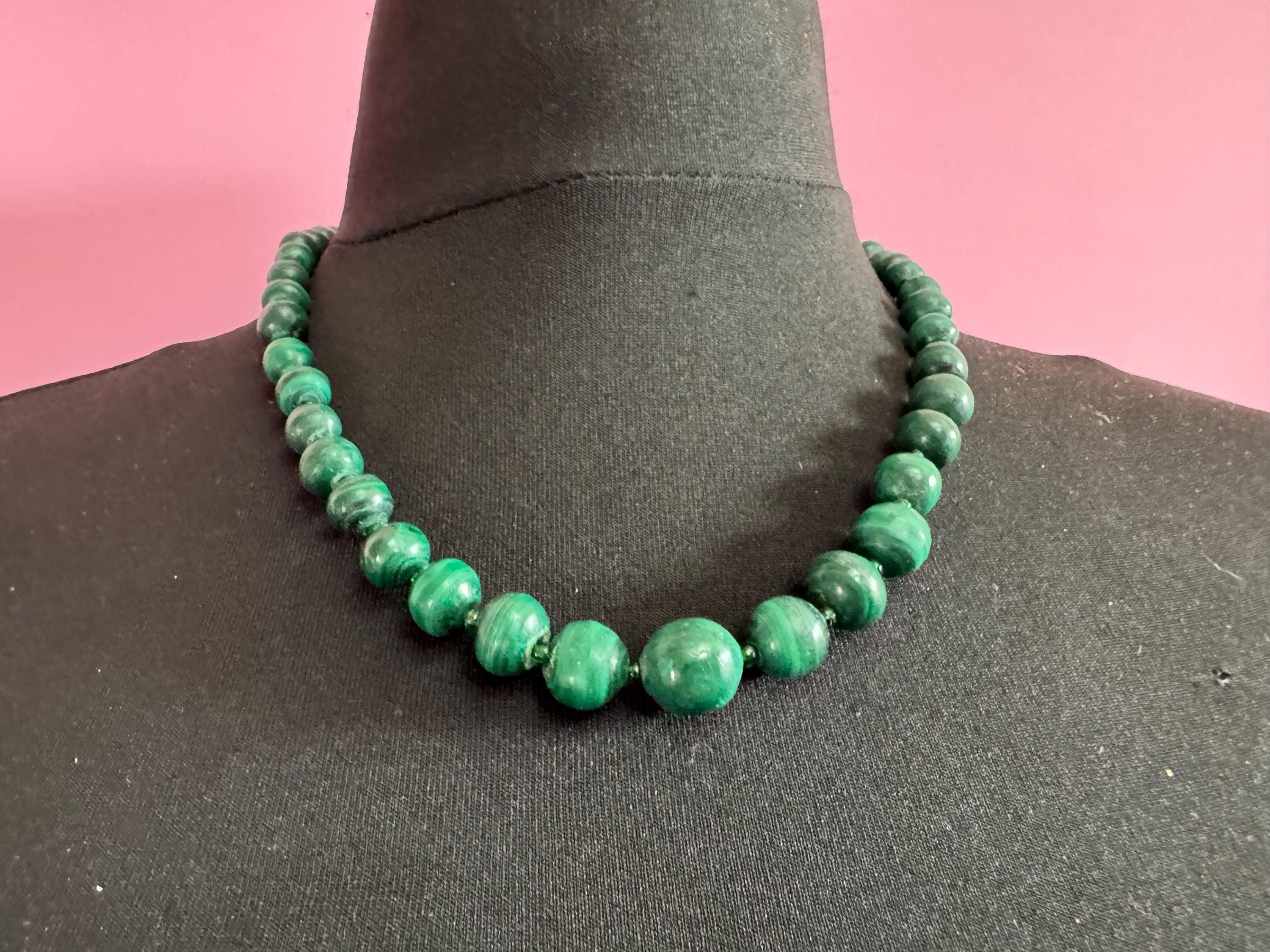 Vintage Green Malachite long Beaded Necklace natural gemstone beads 52cm