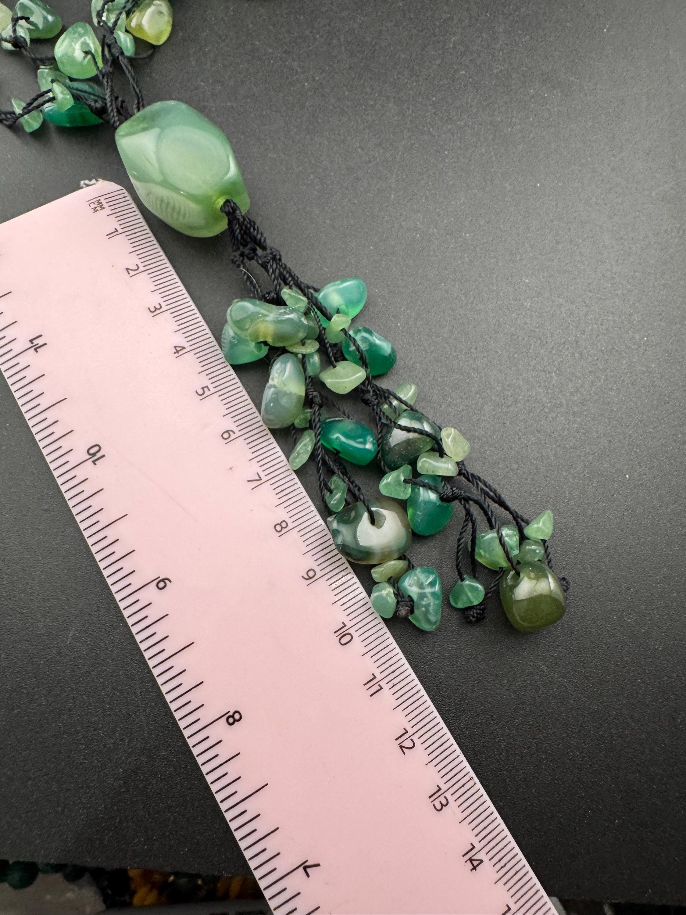 Vintage Green adventurine long Beaded woven tassel drop Necklace natural gemstone agate beads 74cm