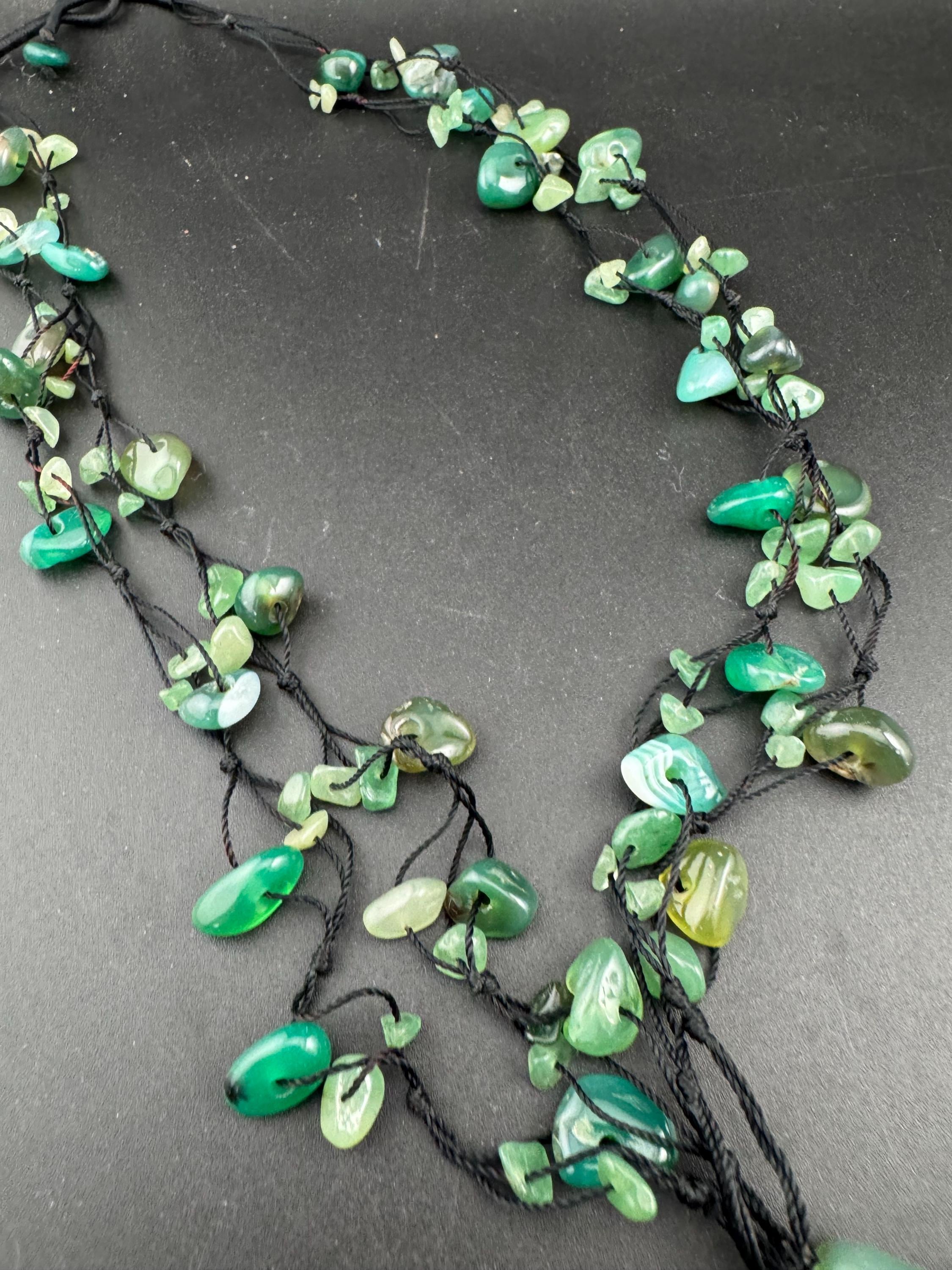 Vintage Green adventurine long Beaded woven tassel drop Necklace natural gemstone agate beads 74cm