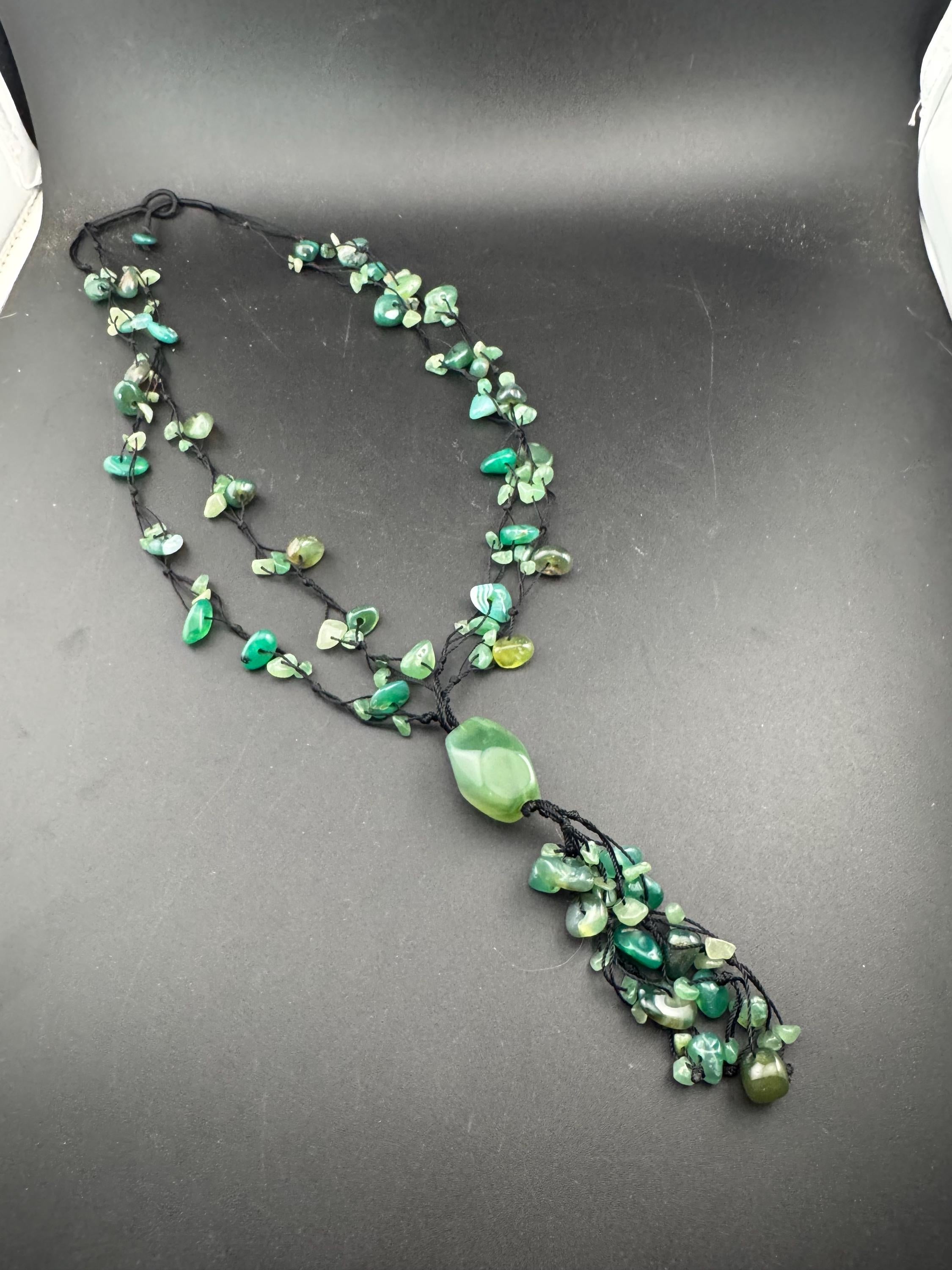 Vintage Green adventurine long Beaded woven tassel drop Necklace natural gemstone agate beads 74cm