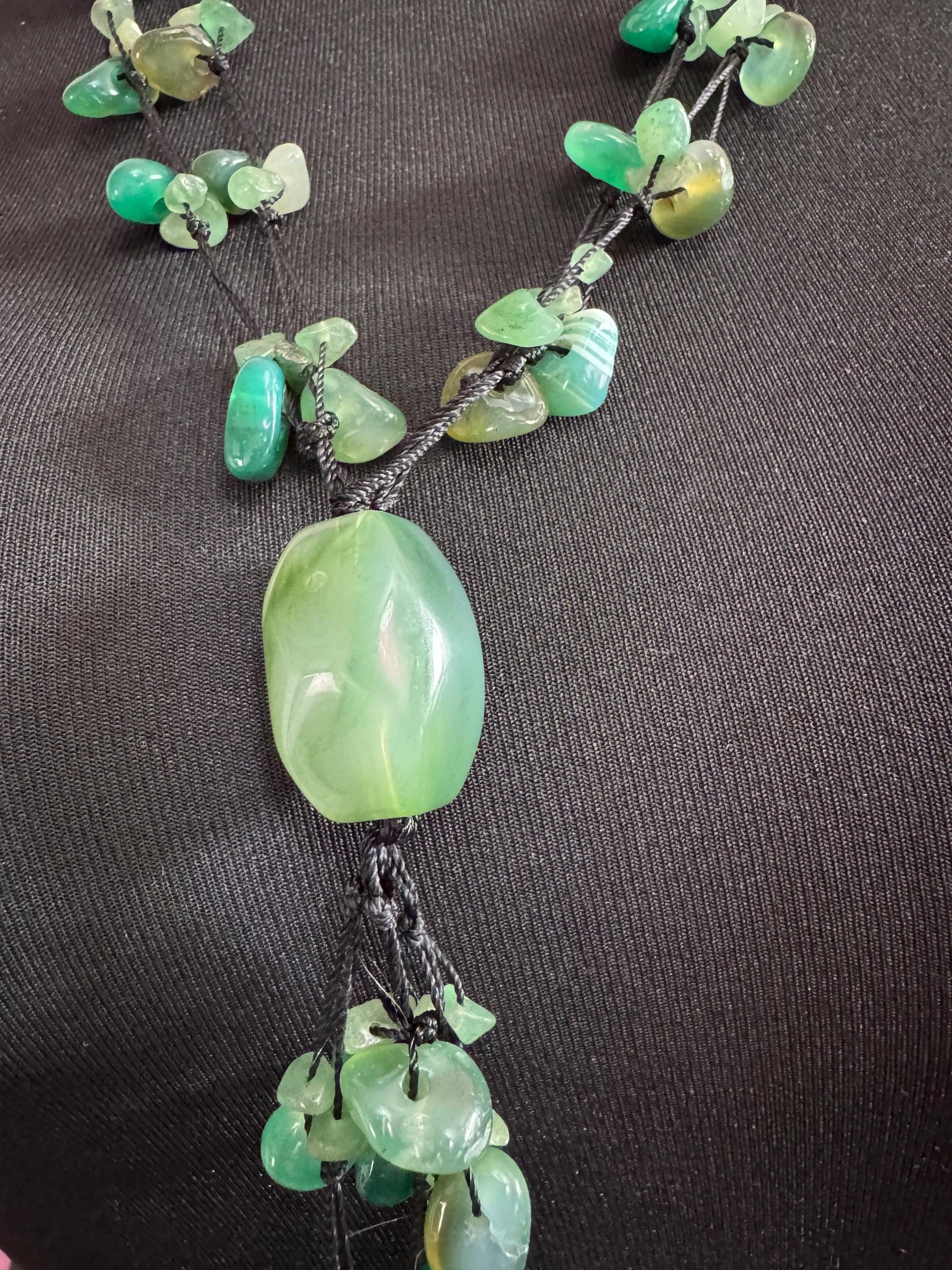 Vintage Green adventurine long Beaded woven tassel drop Necklace natural gemstone agate beads 74cm