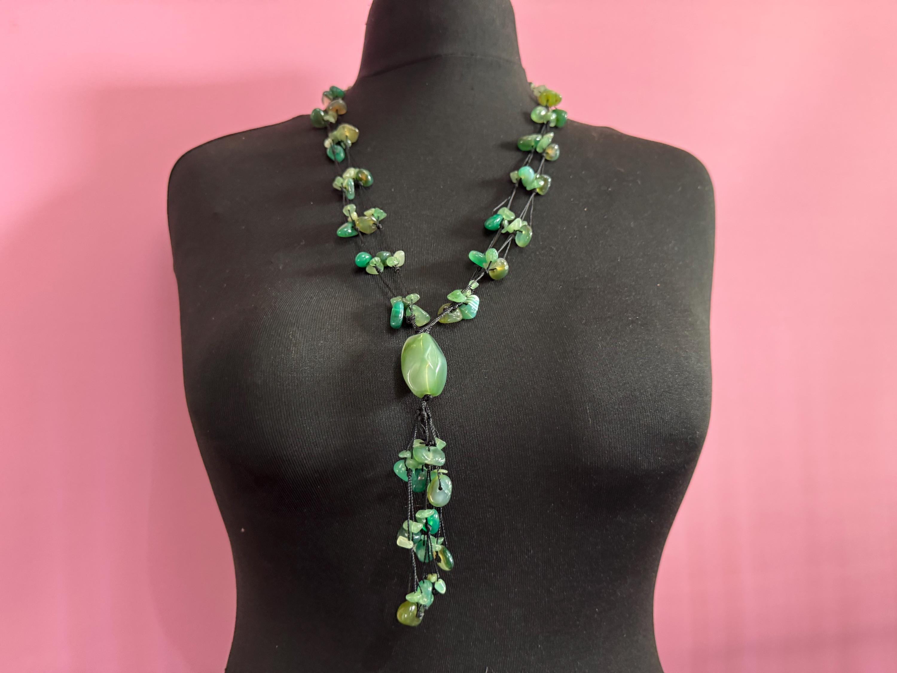 Vintage Green adventurine long Beaded woven tassel drop Necklace natural gemstone agate beads 74cm