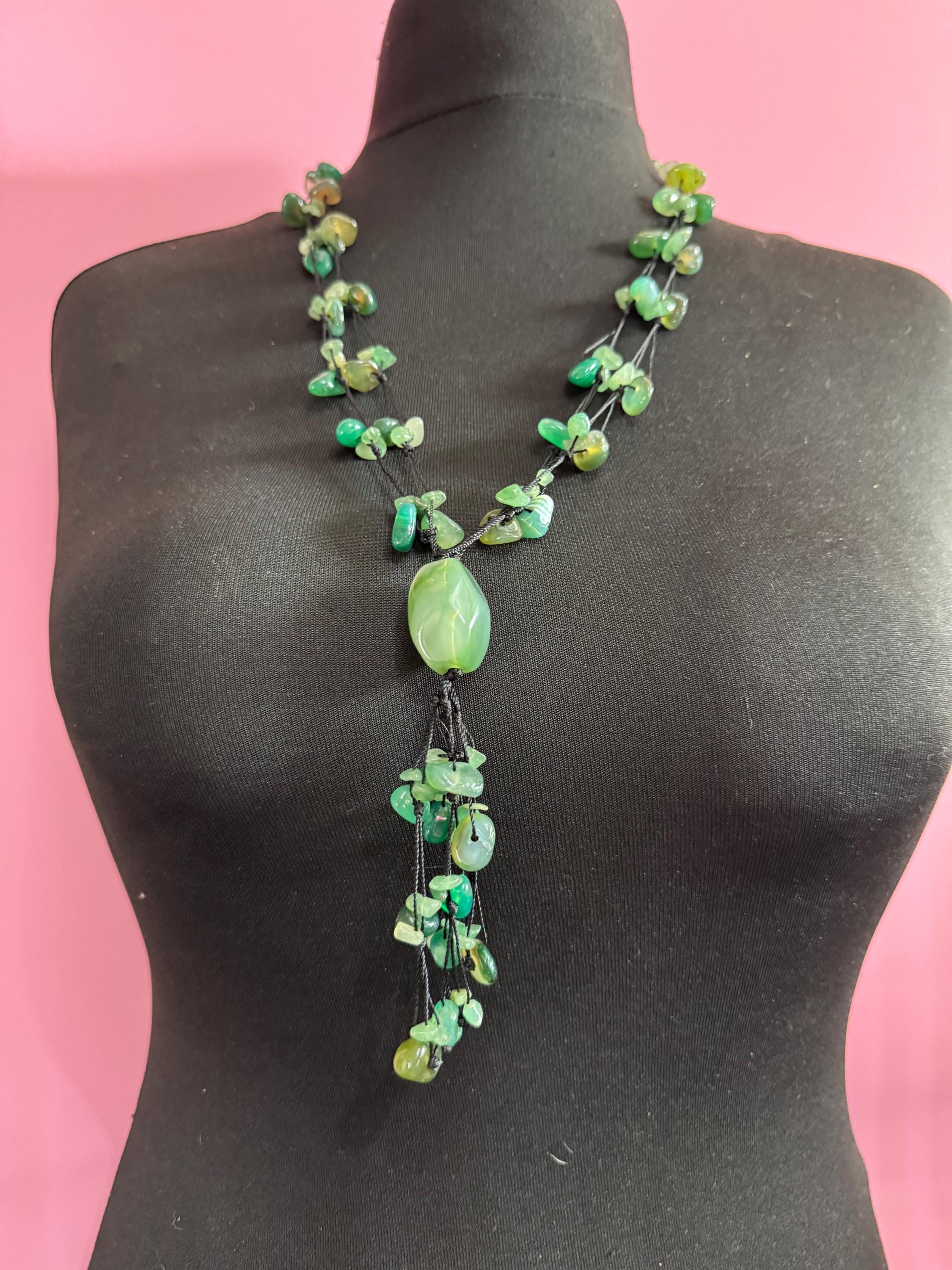 Vintage Green adventurine long Beaded woven tassel drop Necklace natural gemstone agate beads 74cm