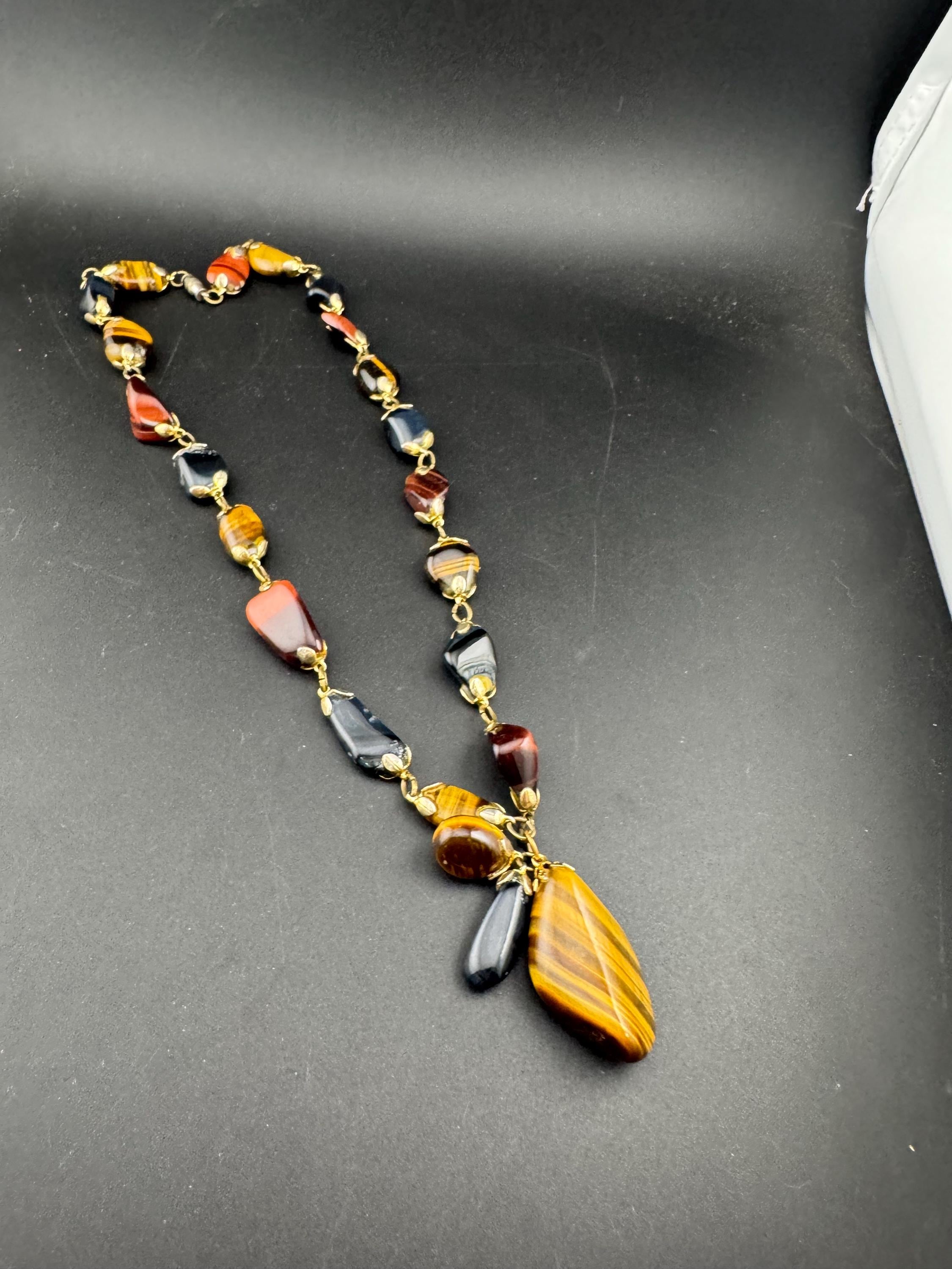 Vintage brown and red tigers eye long Beaded tassel drop Necklace natural gemstone agate beads 57cm