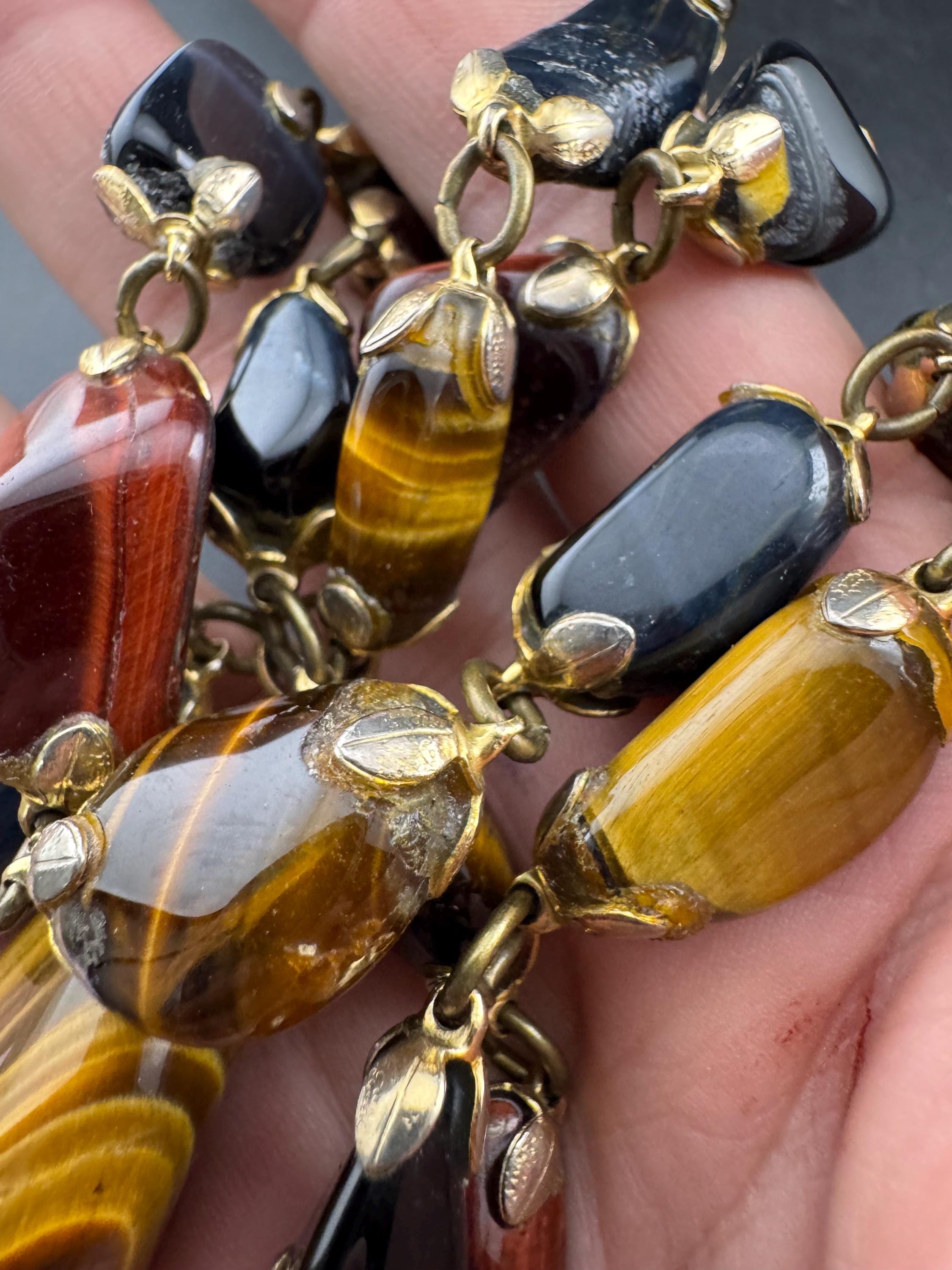 Vintage brown and red tigers eye long Beaded tassel drop Necklace natural gemstone agate beads 57cm