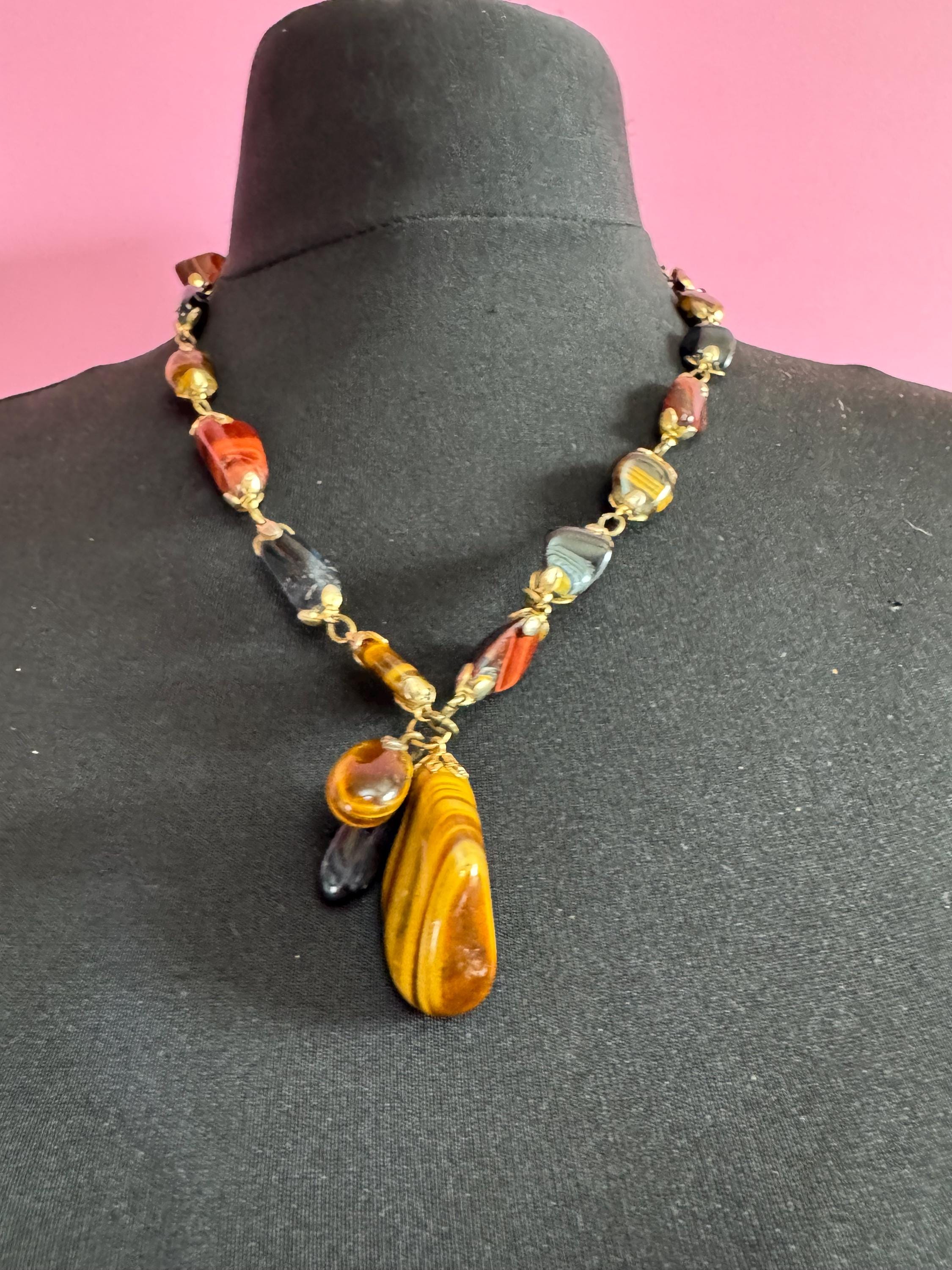 Vintage brown and red tigers eye long Beaded tassel drop Necklace natural gemstone agate beads 57cm