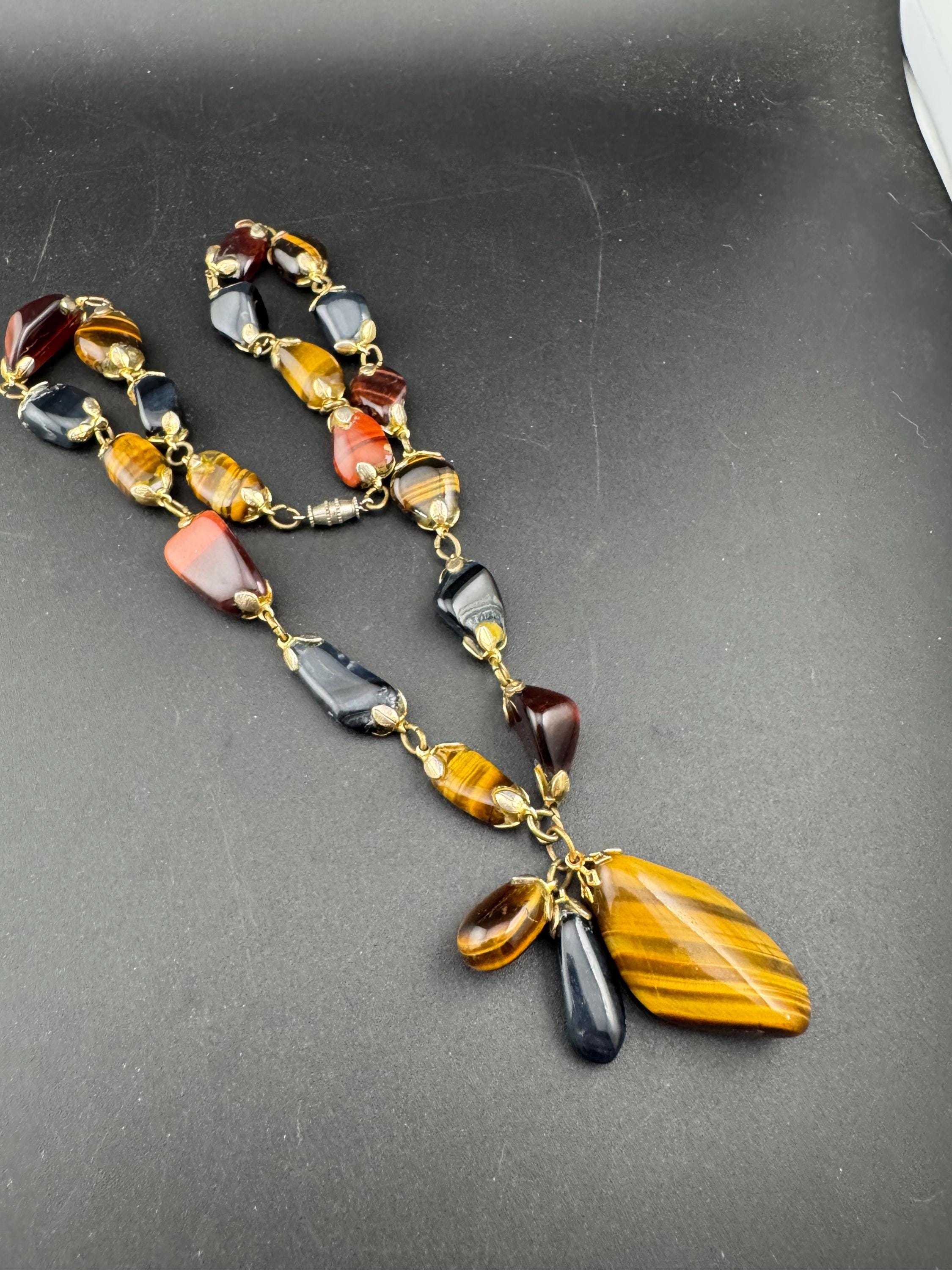 Vintage brown and red tigers eye long Beaded tassel drop Necklace natural gemstone agate beads 57cm