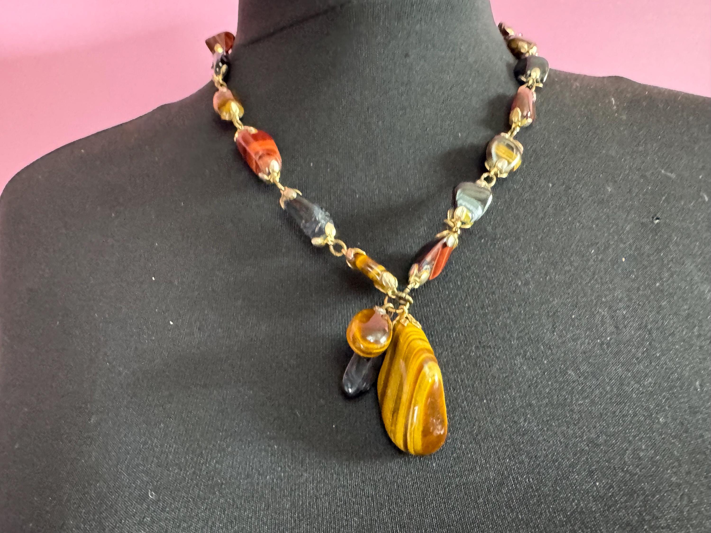 Vintage brown and red tigers eye long Beaded tassel drop Necklace natural gemstone agate beads 57cm