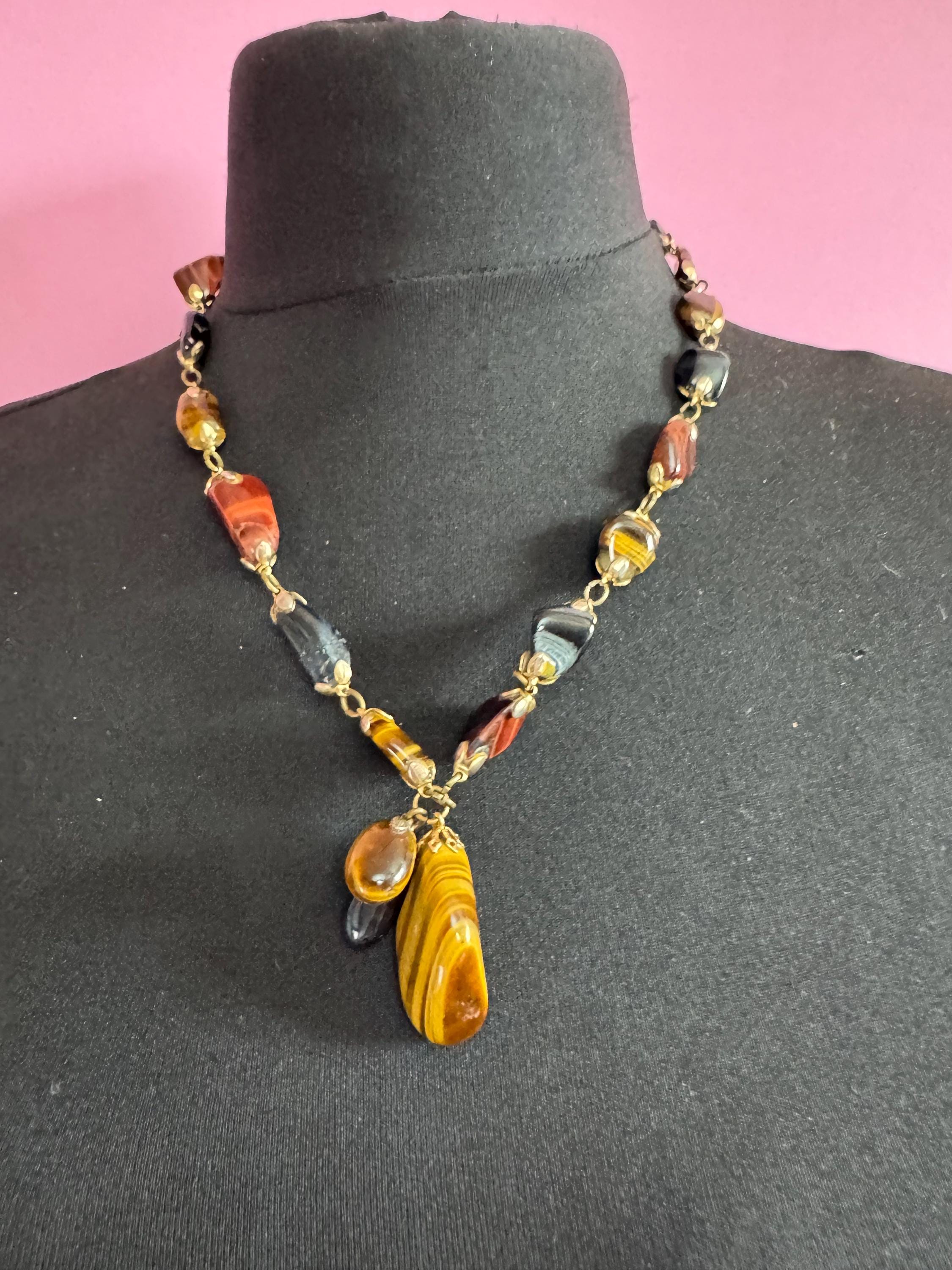 Vintage brown and red tigers eye long Beaded tassel drop Necklace natural gemstone agate beads 57cm