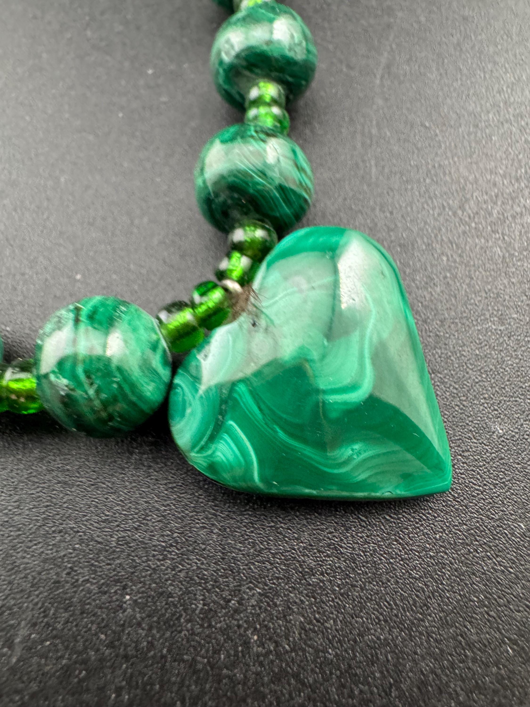 Vintage Green Malachite love heart  Beaded pendant necklace, natural gemstone beads 50cm