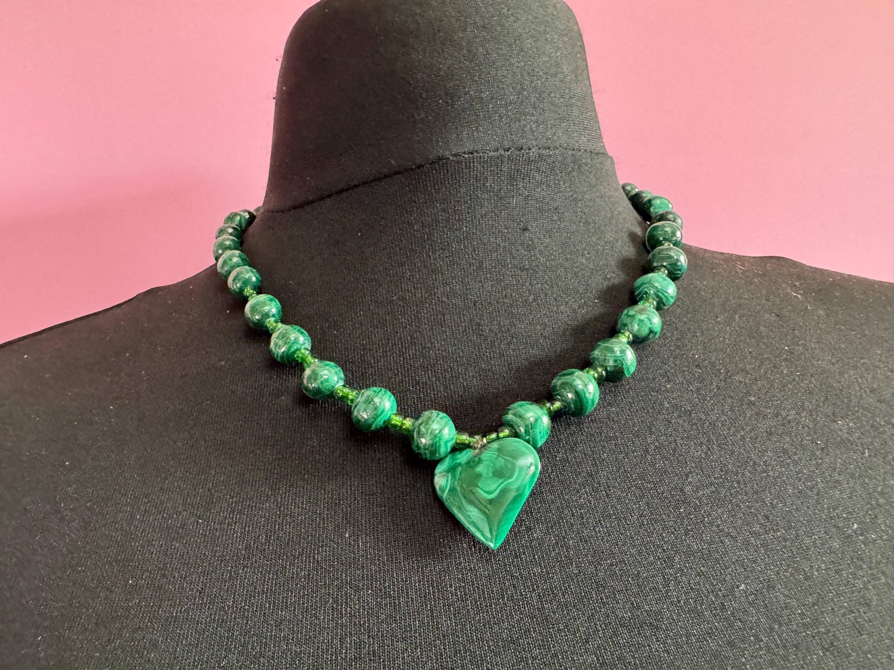 Vintage Green Malachite love heart  Beaded pendant necklace, natural gemstone beads 50cm