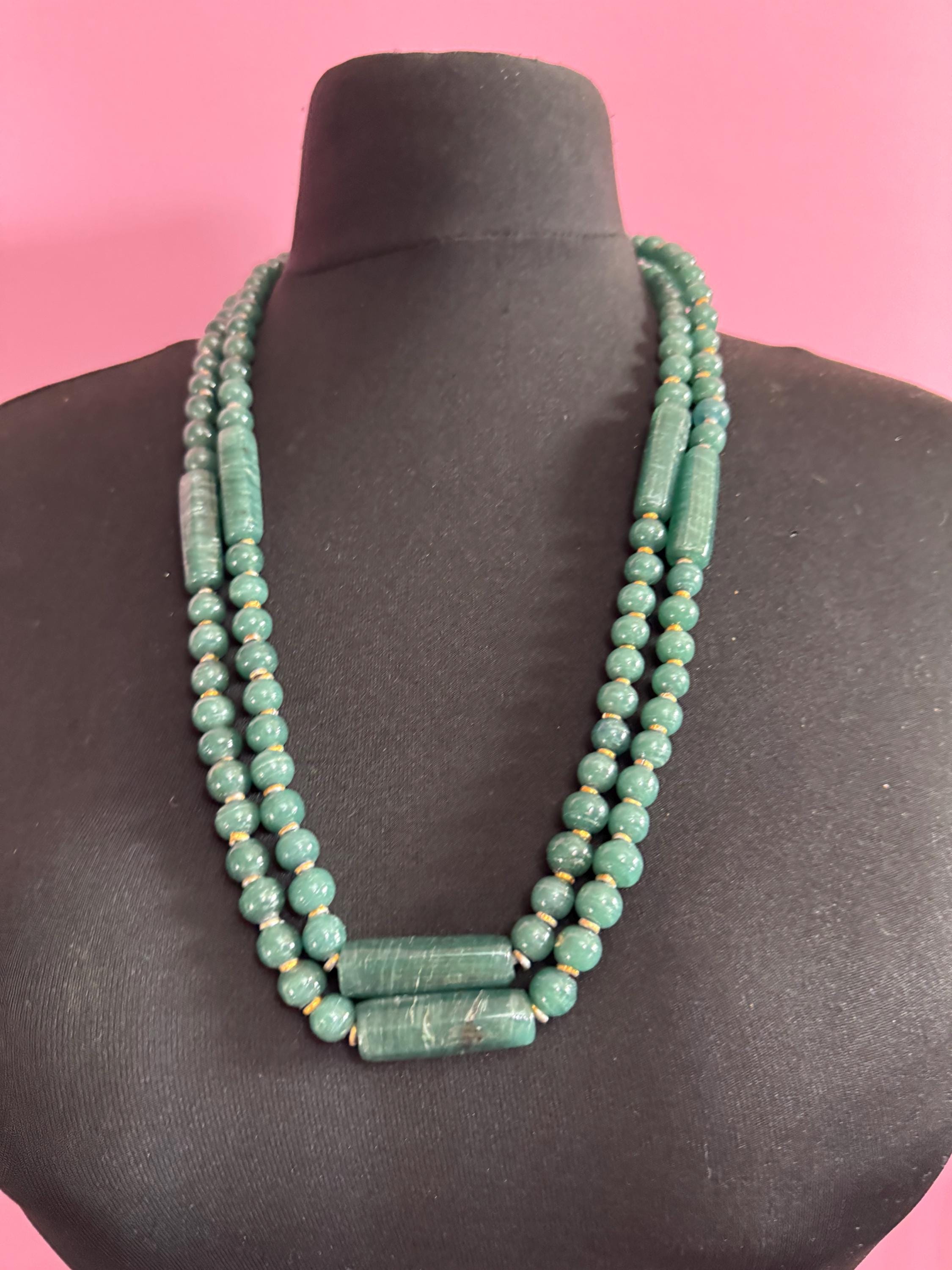 Vintage Green Jade agate very long Beaded necklace, natural gemstone beads, untested 150cm