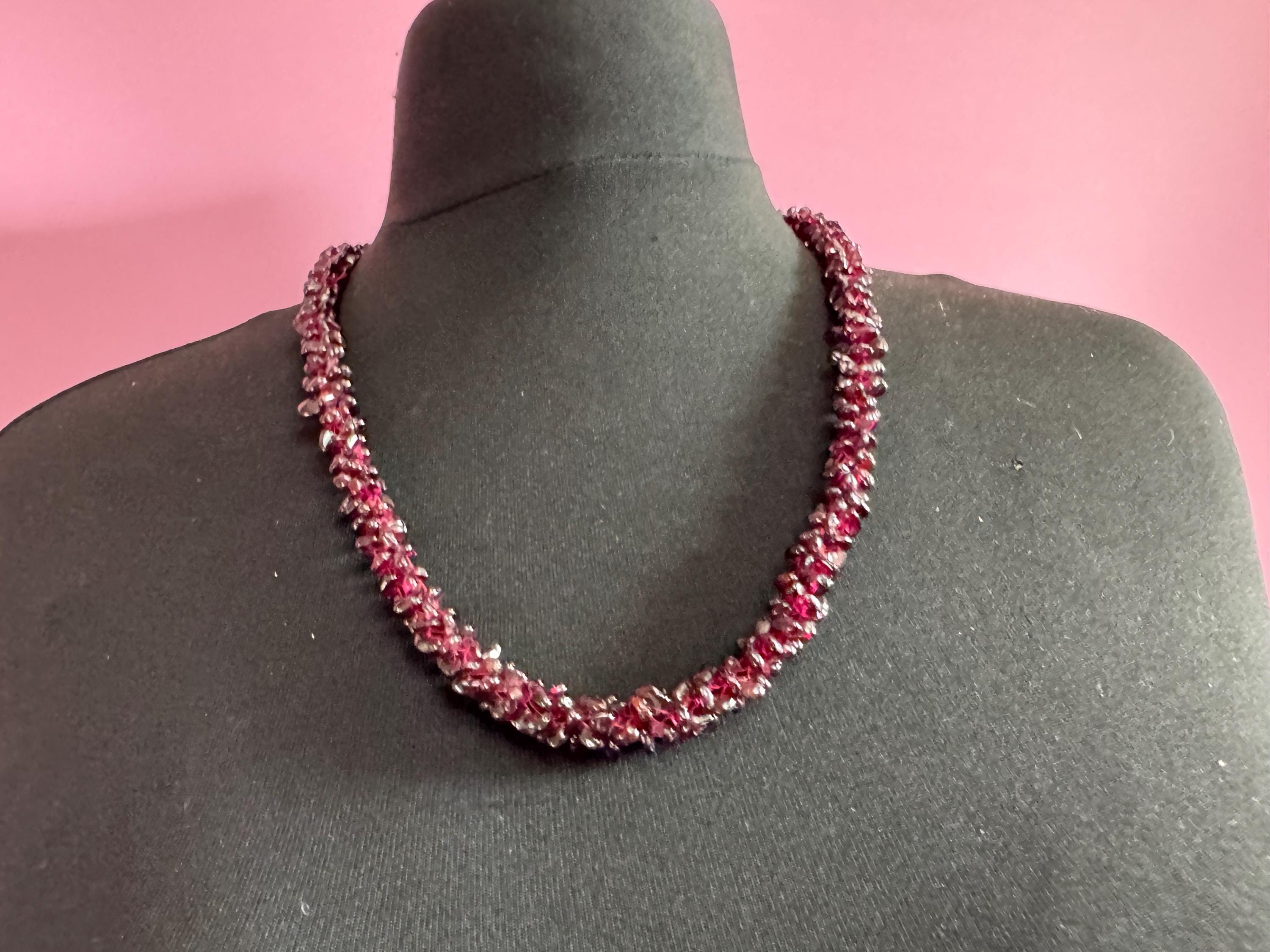 Antique Art Deco natural garnet red purple gemstone beaded necklace 64cm