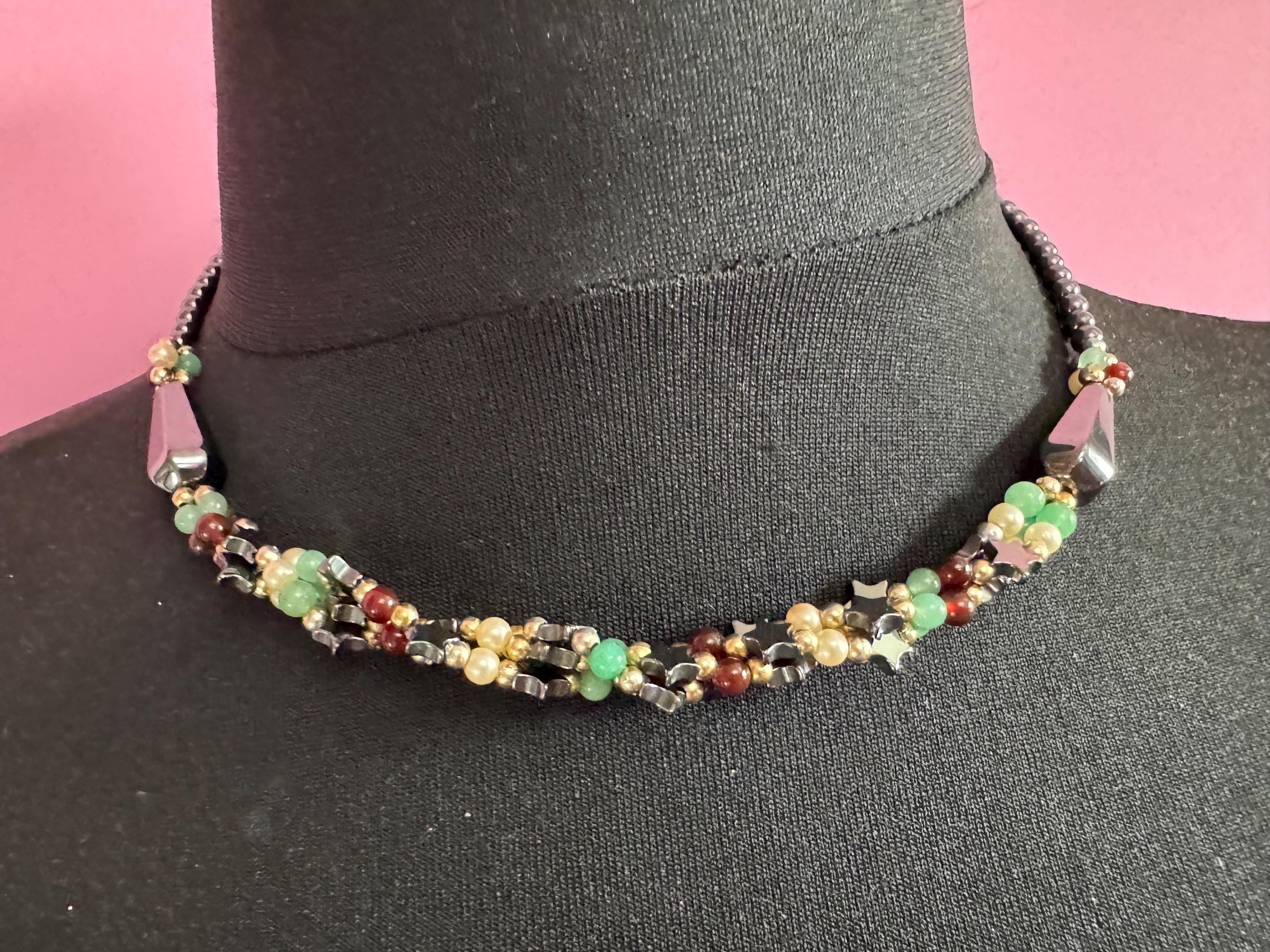 vintage mixed gemstone beaded necklace with Hematite garnet and adventurine green beads