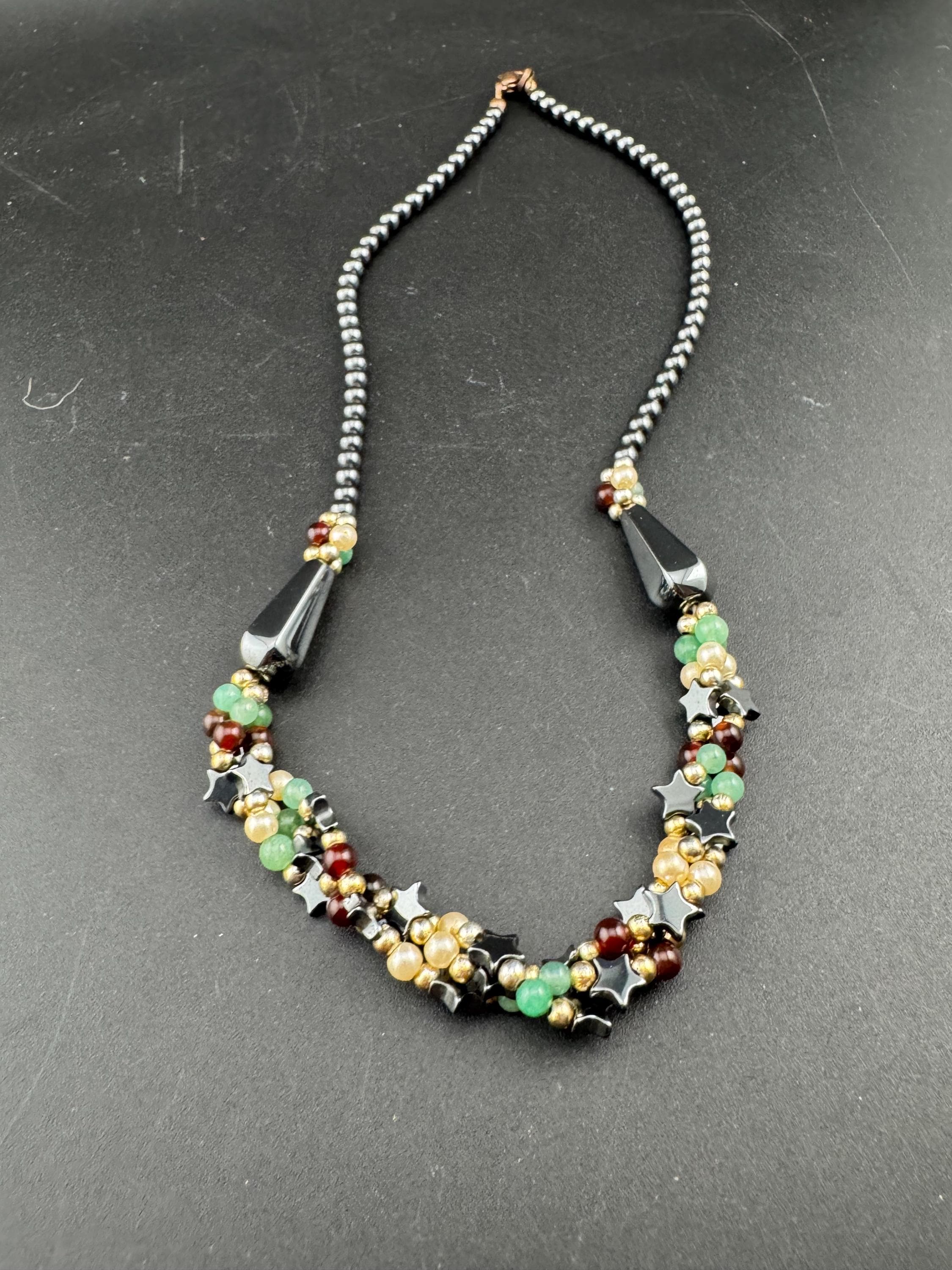 vintage mixed gemstone beaded necklace with Hematite garnet and adventurine green beads